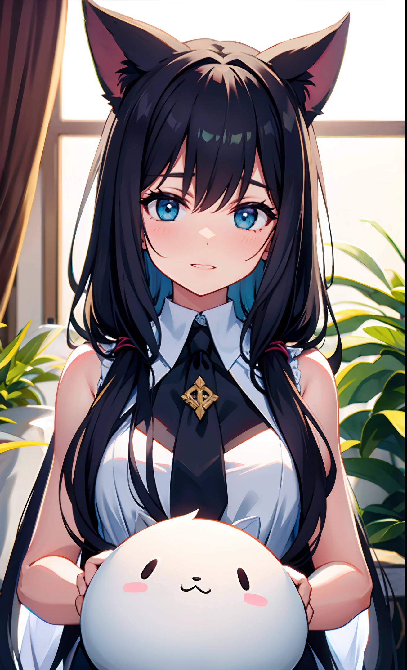 Optimized Prompt: 

[(1girl), (Long skirt:1.2), (Duck sit:1.1), (Hands supporting:1.1), (Long waist-length hair:1.3), (Fluffy chick on head), (Dynamic pose), (Blue or green eyes), (Soft and cute expression), (Medium shot):0.8]