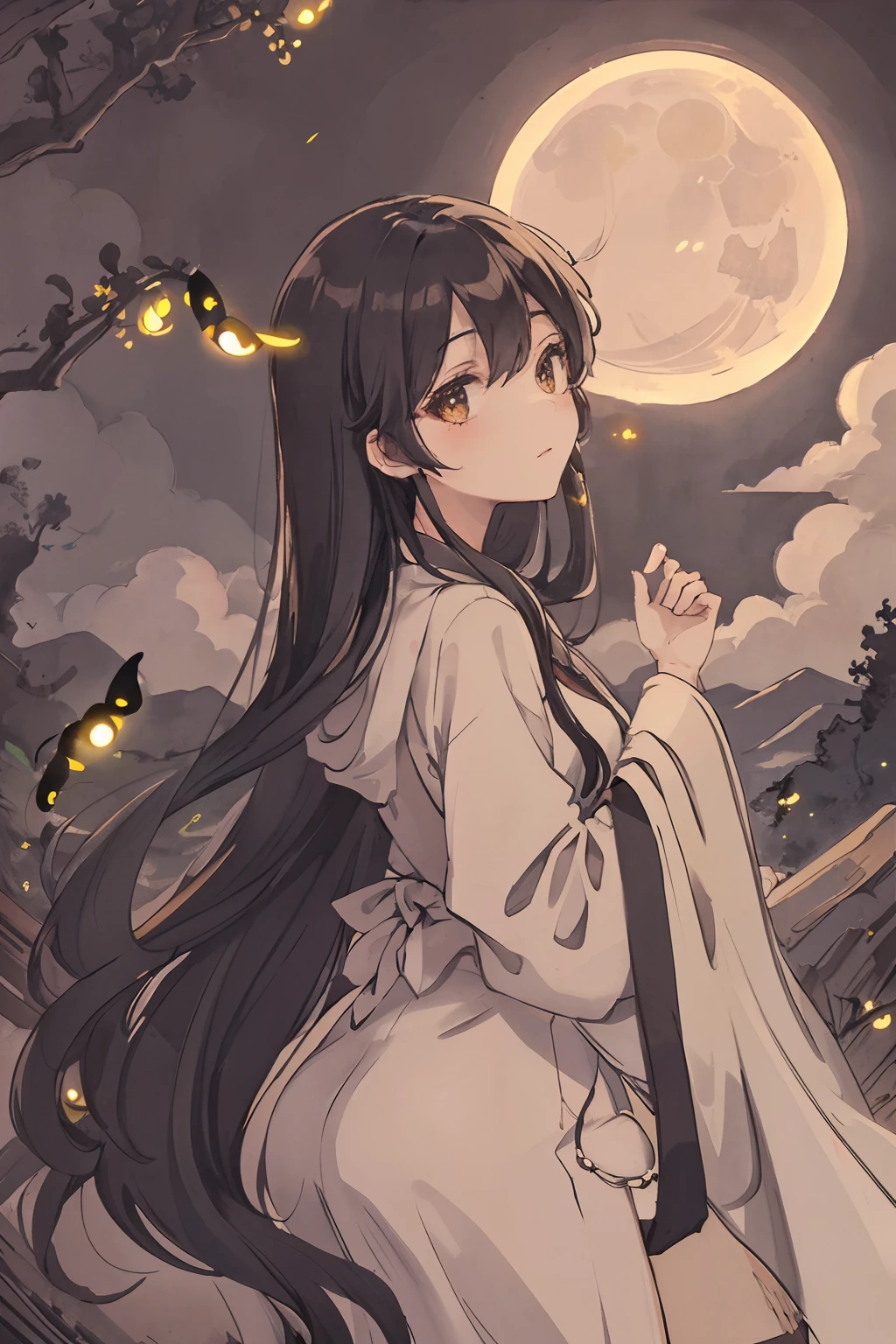 Masterpiece, best quality, night, hills, clouds, full moon, long hair, woman, silhouette, fireflies.