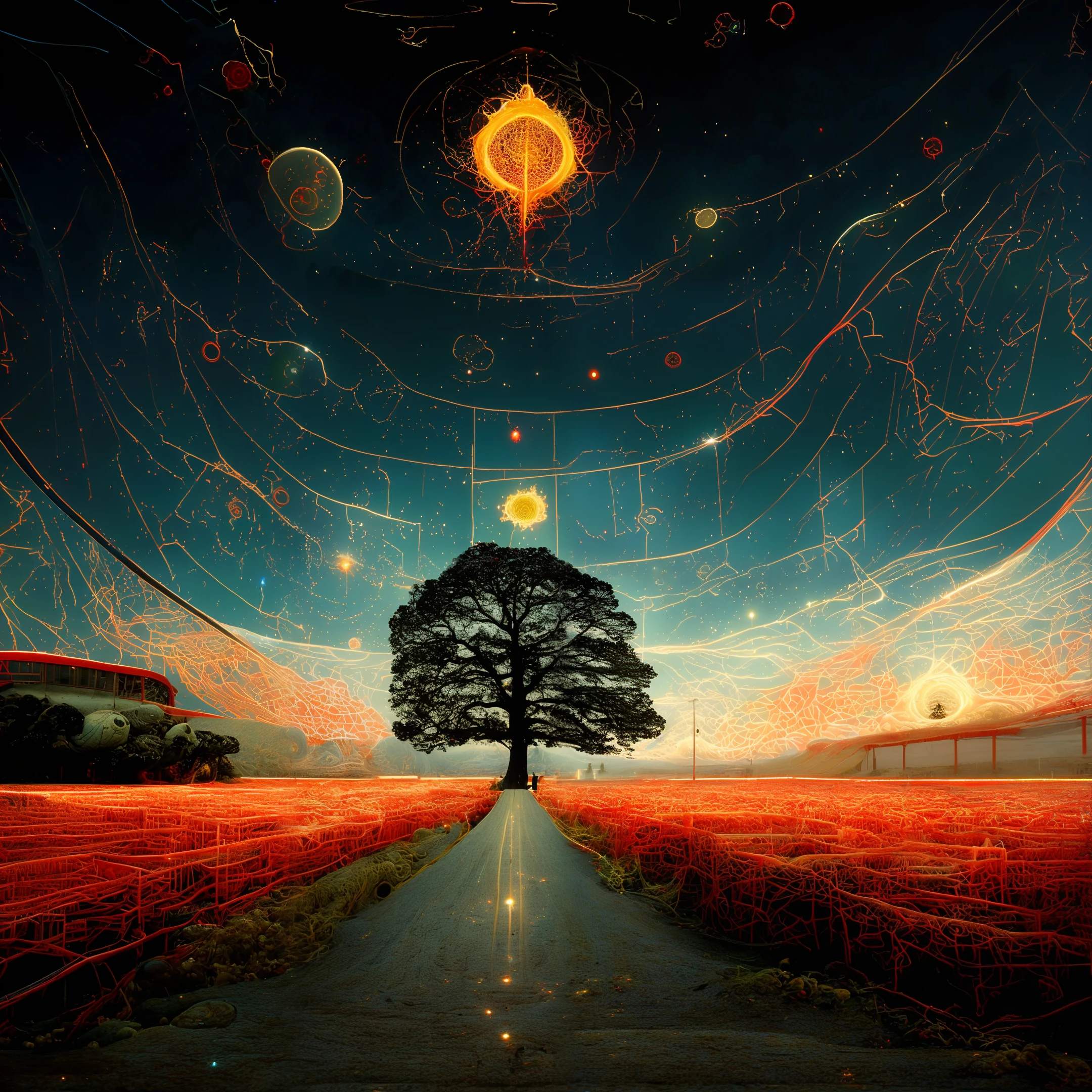 No text, wide-angle photography, (CosmicGate:1.6), red sun, lawn, road, field, Japanese style