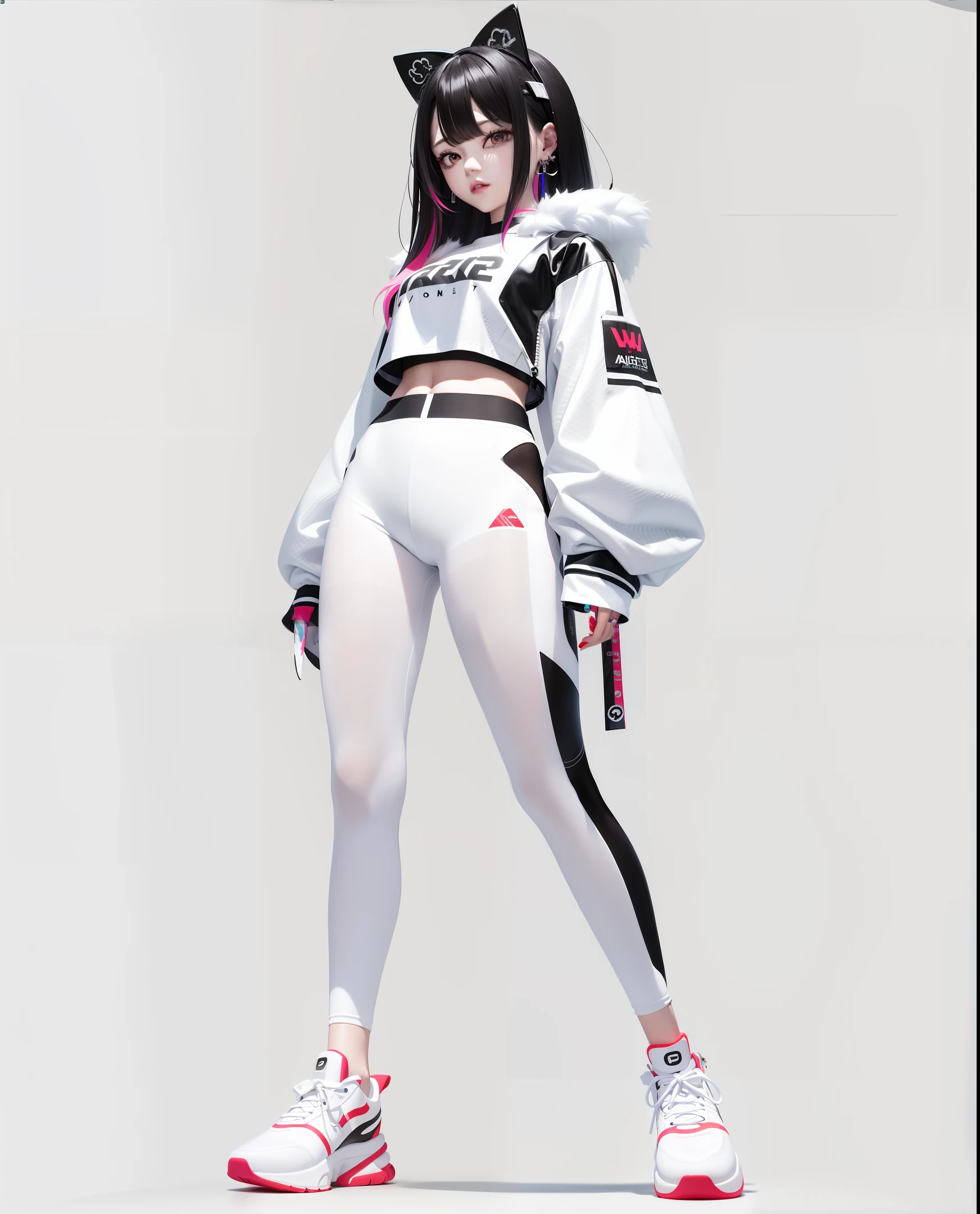 Long hair, pure white background, croptop, Kpop idol, short-sleeve T-shirt, 1 woman wearing a colorful PVC texture jacket ((movie interference)), full body, wearing sneakers, beautiful eyes, gloss, jewelry, portrait, original game painting, c4d, blender, pretty face, black background