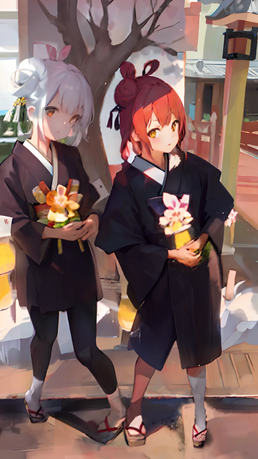 ((masterpiece,best quality)),2girls, black kimono, black legwear, black ribbon, black hair, cherry blossoms, day, flower, hair bun, hair ribbon, japanese clothes, kimono, long hair, looking at viewer, looking back , multiple girls, belts, outdoors, red eyes, red hair, ribbon, sandals, single bun, stairs, standing, statue, torii, tree, white kimono, yellow eyes