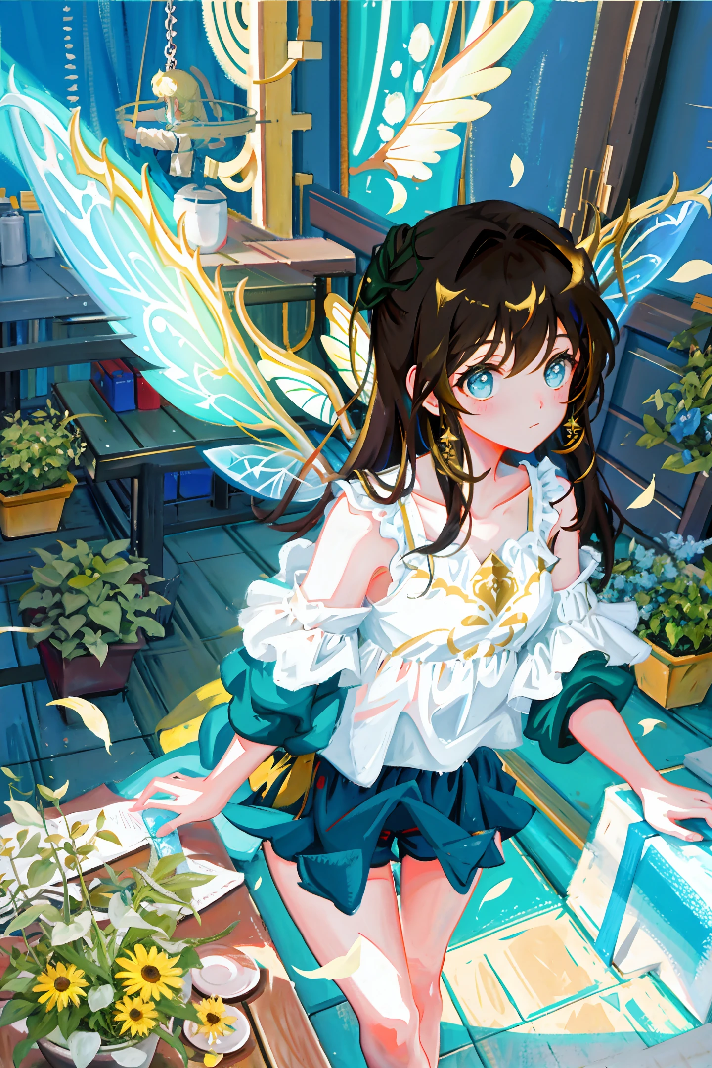 In the painting, a girl with a pair of fairy wings raised her right arm, kneading her soft chest,