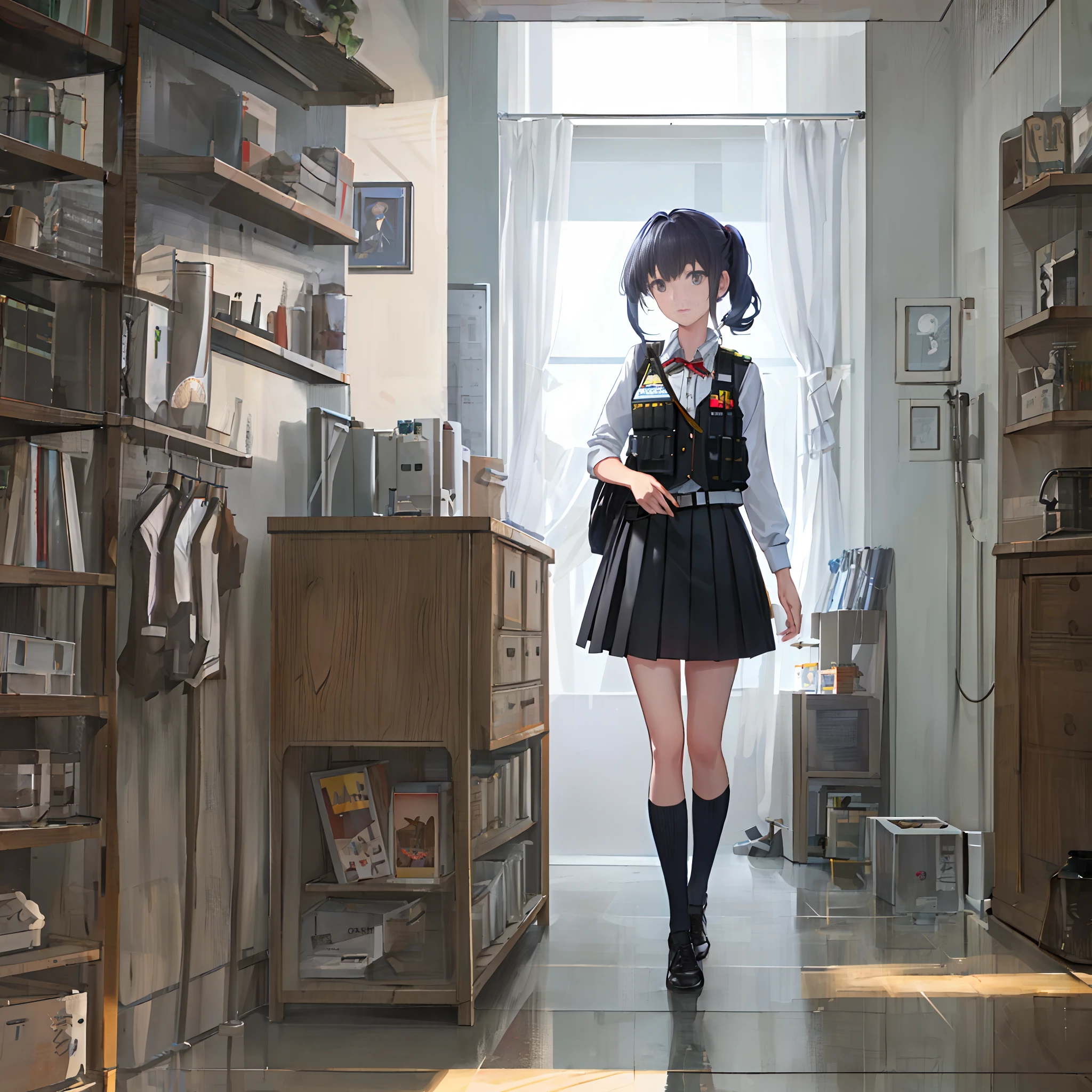((high quality)), ((masterpiece)), 8K UHD, girl standing in front of the mirror in the room, realistic drawing by Makoto Aida, featured on pixiv, precisionism, pixiv, movie still, unreal engine 5, bulletproof vest, light rays, Highly detailed CG, symmetric unity, 8k wallpaper, game CG, looking at viewer, perfect pair of gloves, perfect pair of boots, bust, watch