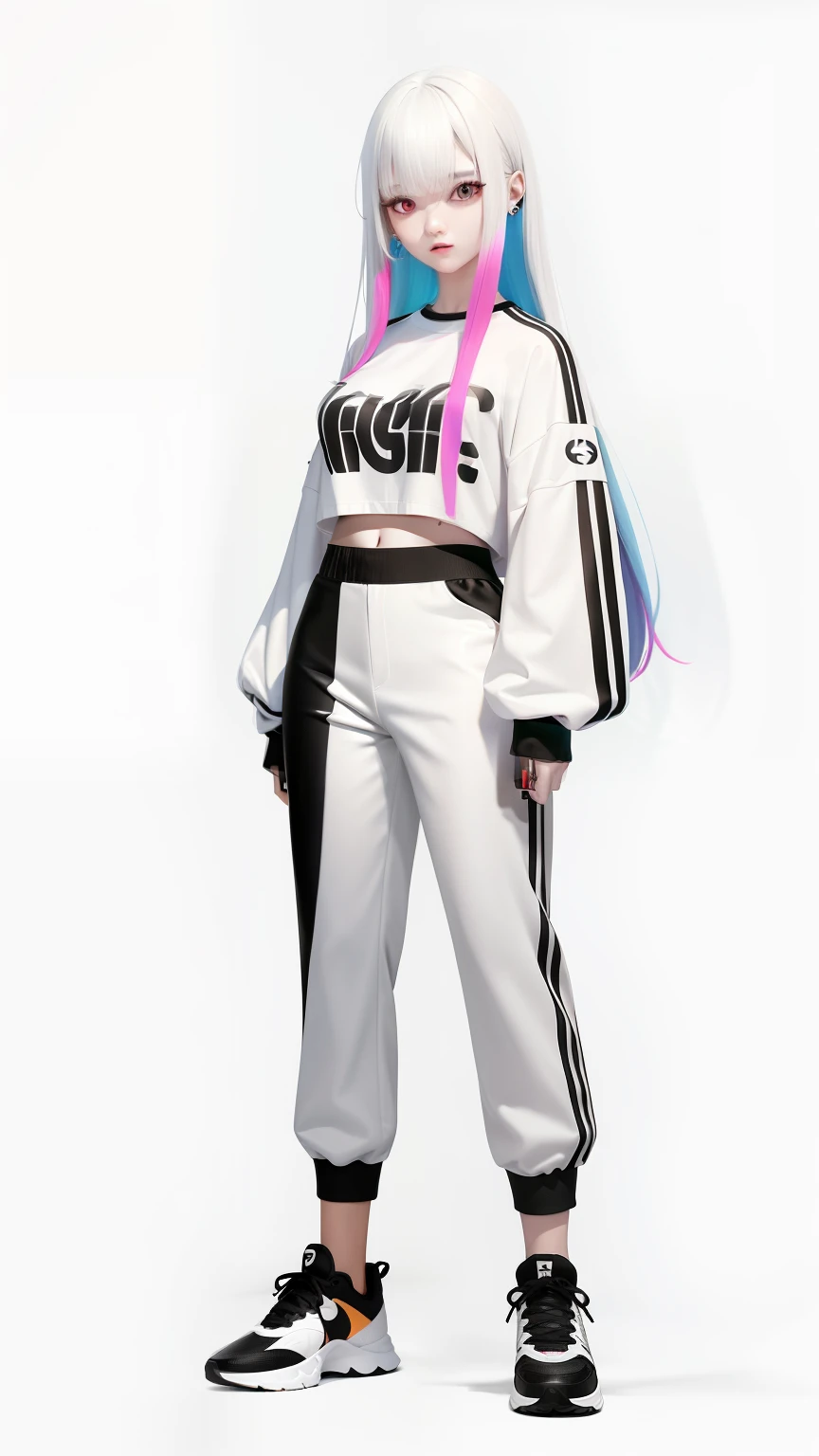 Long hair, pure white background, croptop, Kpop idol, short-sleeved T-shirt, hip-hop pants, rich colors, 1 woman wearing a colorful PVC texture jacket ((movie interference)), full body, wearing sneakers, beautiful eyes, glossy, jewelry, portrait, original game painting, c4d, blender, pretty face, black background