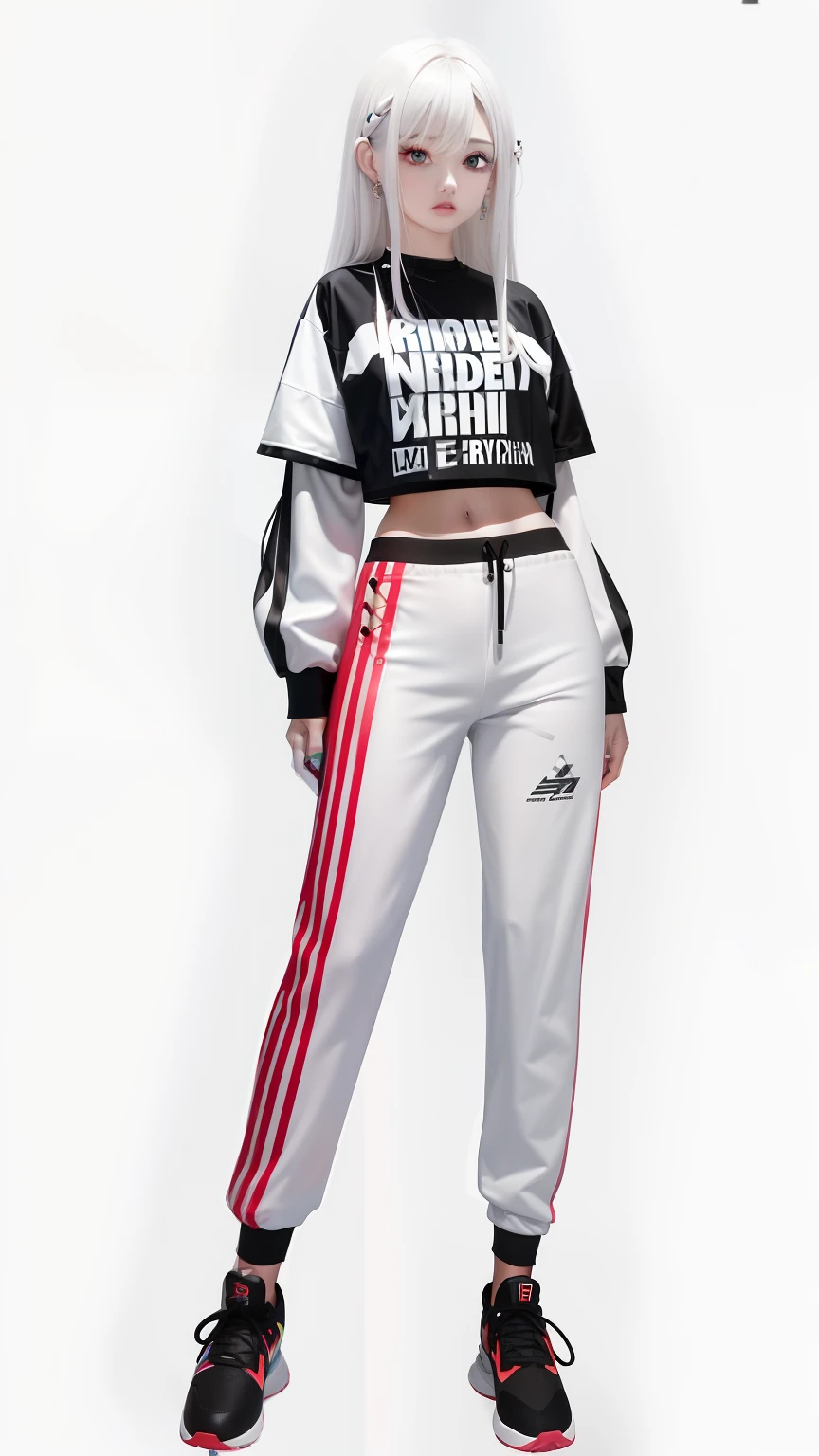 Long hair, pure white background, croptop, Kpop idol, short-sleeved T-shirt, hip-hop pants, rich colors, 1 woman wearing a colorful PVC texture jacket ((movie interference)), full body, wearing sneakers, beautiful eyes, glossy, jewelry, portrait, original game painting, c4d, blender, pretty face, black background
