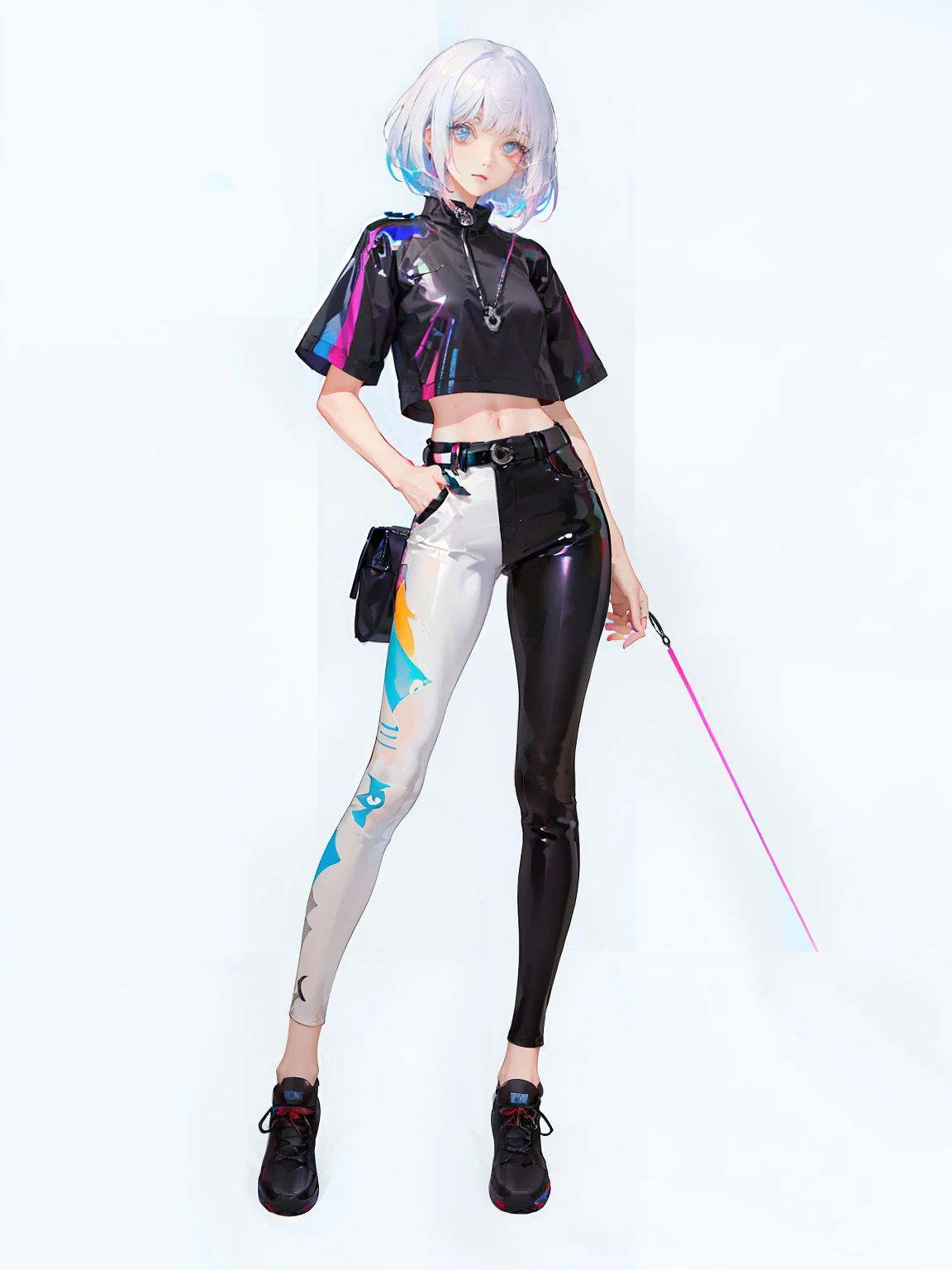 Long hair, pure white background, croptop, Kpop idol, short-sleeved T-shirt, hip-hop pants, colorful, 1 woman wearing a colorful PVC texture jacket ((movie interference)), full body, wearing sneakers, beautiful eyes, shiny , jewelry, portrait, original game painting, c4d, blender, pretty face, black background，1 woman wearing ((colorful laser transparent PVC texture)) coat and shoe, Thin Film Interference, whole body, beautiful eye, luster, jewelry, portrait, game original painting, anime character concept design, beautiful face, white background, masterpiece, best quility, high_quality, high_resolution