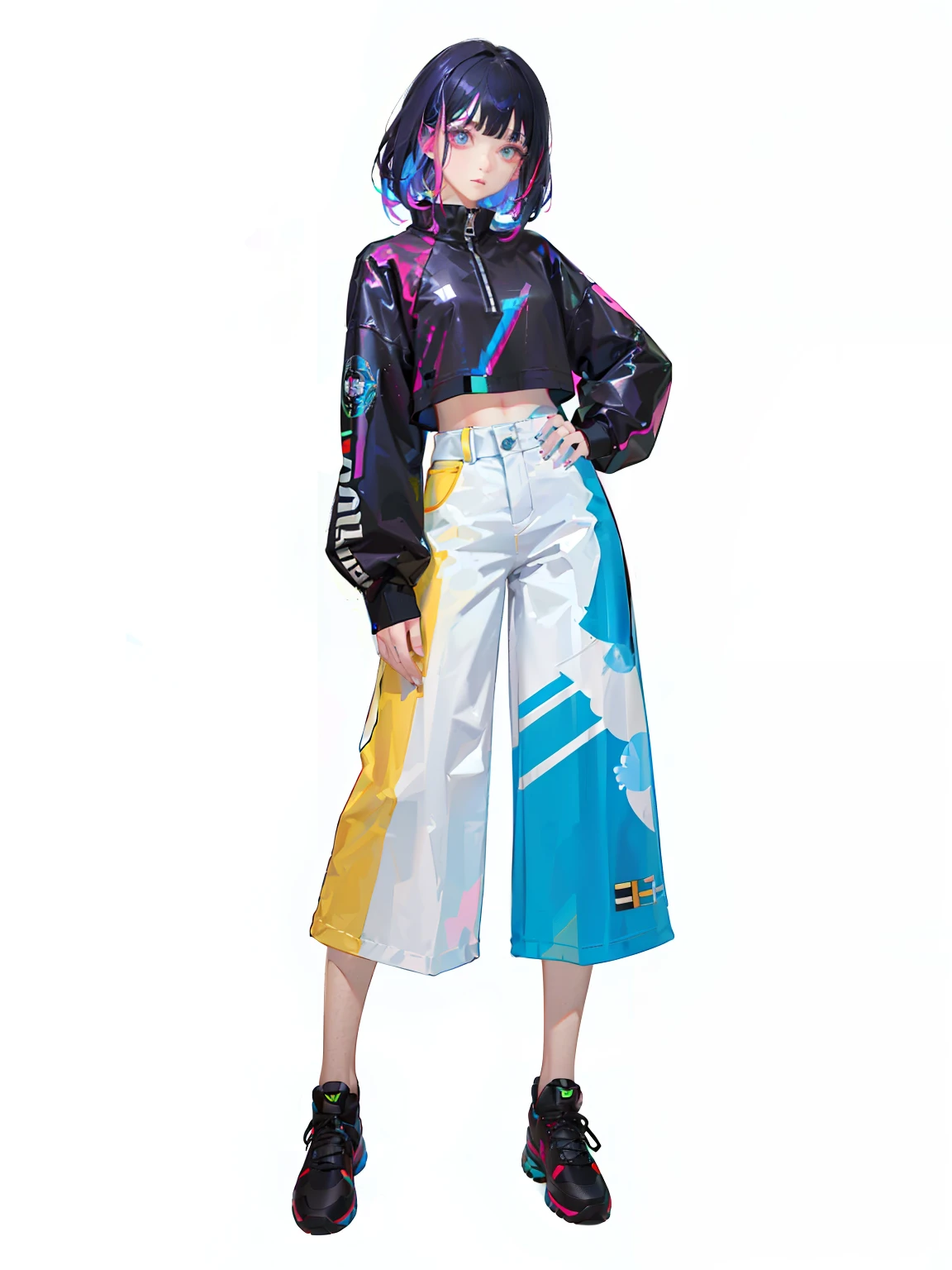 Long hair, pure white background, croptop, Kpop idol, short-sleeved T-shirt, hip-hop pants, colorful, 1 woman wearing a colorful PVC texture jacket ((movie interference)), full body, wearing sneakers, beautiful eyes, shiny , jewelry, portrait, original game painting, c4d, blender, pretty face, black background,1 woman wearing ((colorful laser transparent PVC texture)) coat and shoe, Thin Film Interference, whole body, beautiful eye, luster, jewelry, portrait, game original painting, anime character concept design, beautiful face, white background, masterpiece, best quility, high_quality, high_resolution