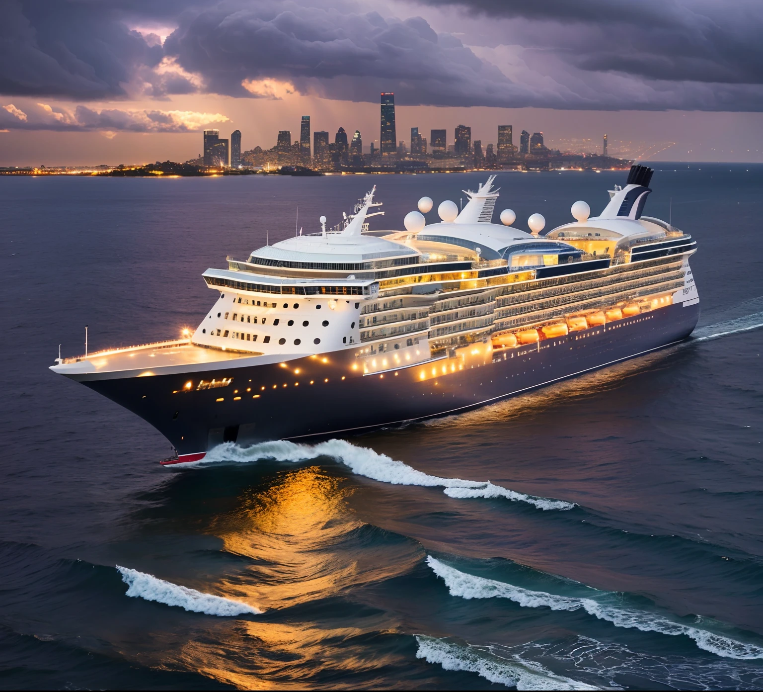 Dramatic lighting, highest quality, film still image, (storm clouds: 0.7), (stormy weather: 0.5), low natural light, (direct light: 0.4), 8mm film grain, using Sony a9 II, 24mm lens, F/2.8 aperture , deep focus, (original image), 8k, large cruise ship, luxury cruise ship, city silhouette at sea level, (distant city: 1.4)