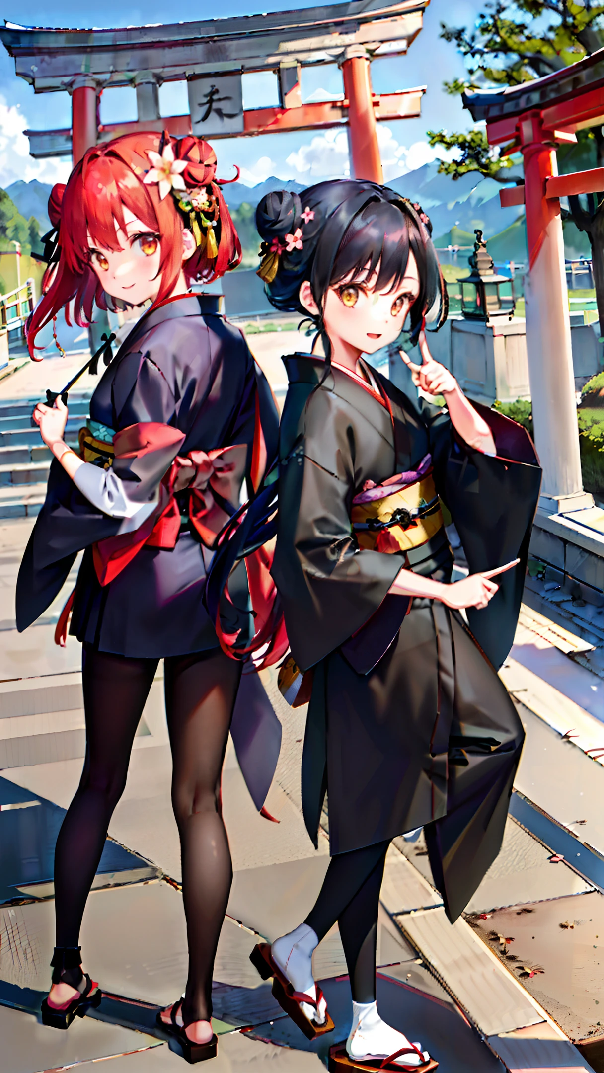 ((masterpiece,best quality)),2girls, pointing to the audience, finger viewers, akimbo, black kimono, black legwear, black ribbon, black hair, cherry blossoms, day, flower, hair bun, hair ribbon, Japanese clothes, kimono, long hair, looking in front of audience, looking back, bald, multiple girls, belt, outdoors, red eyes, red hair, ribbon, sandals, bun, stairs, standing, statue, torii, tree, black kimono, yellow eyes, legs apart