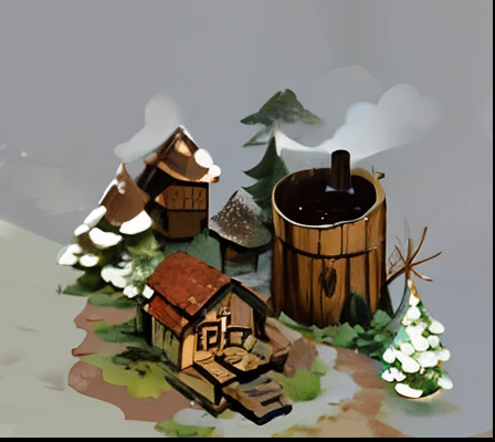 An enchanting and dreamy forest clearing filled with cozy cabins and an intricate network of pipes, barrels and planks sets the stage for a whimsical and magical story.