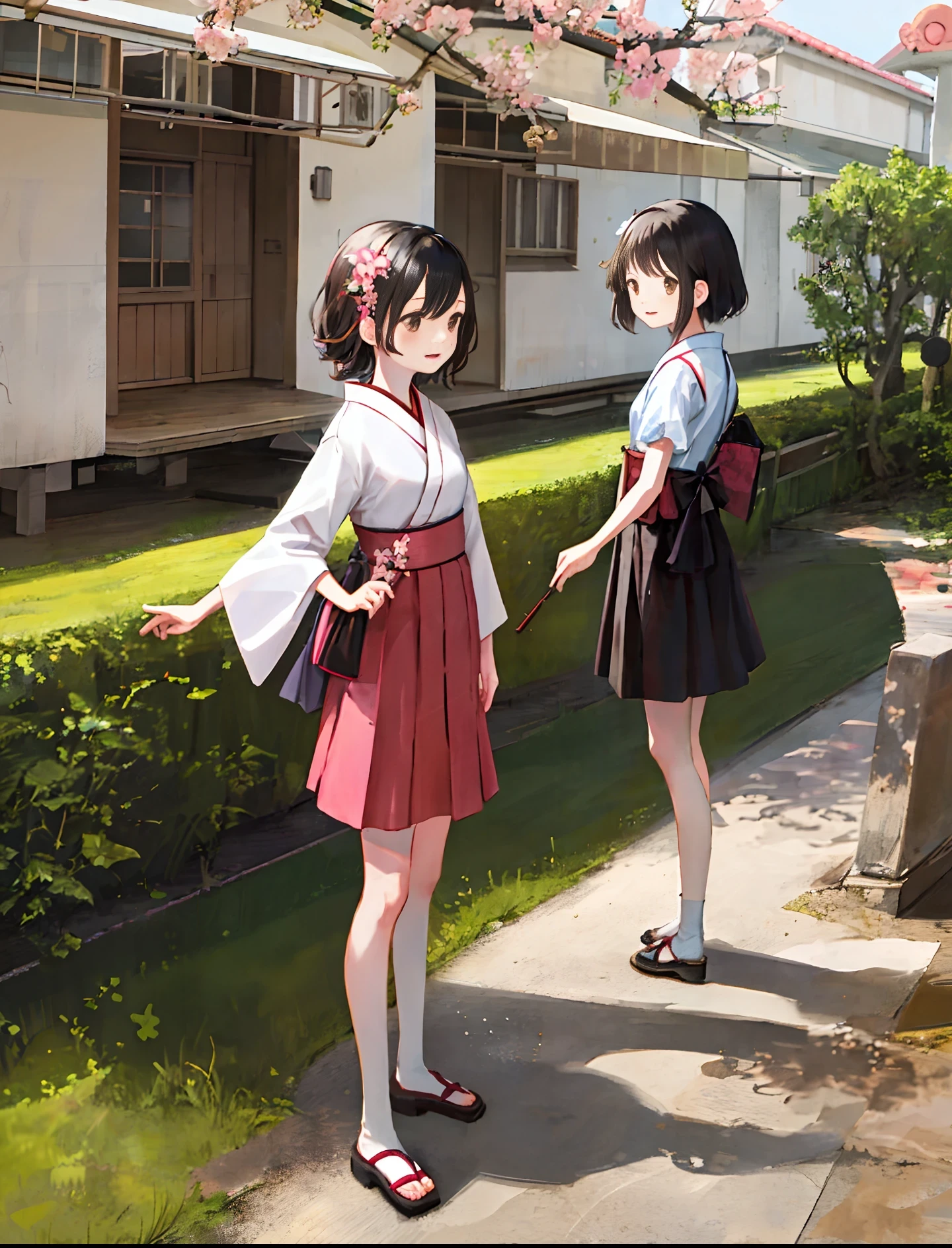 [(two girls),(outdoors,lawn,standing,statue,tree),((black hair:brown eyes:1.2)+(red cheongsam:0.9)+(ribbon:sandals:0.8)+(single bun:0.6)),(white doves:1.1),(cherry blossoms:tree:0.8),(pink kimono:brown eyes:1.1)]