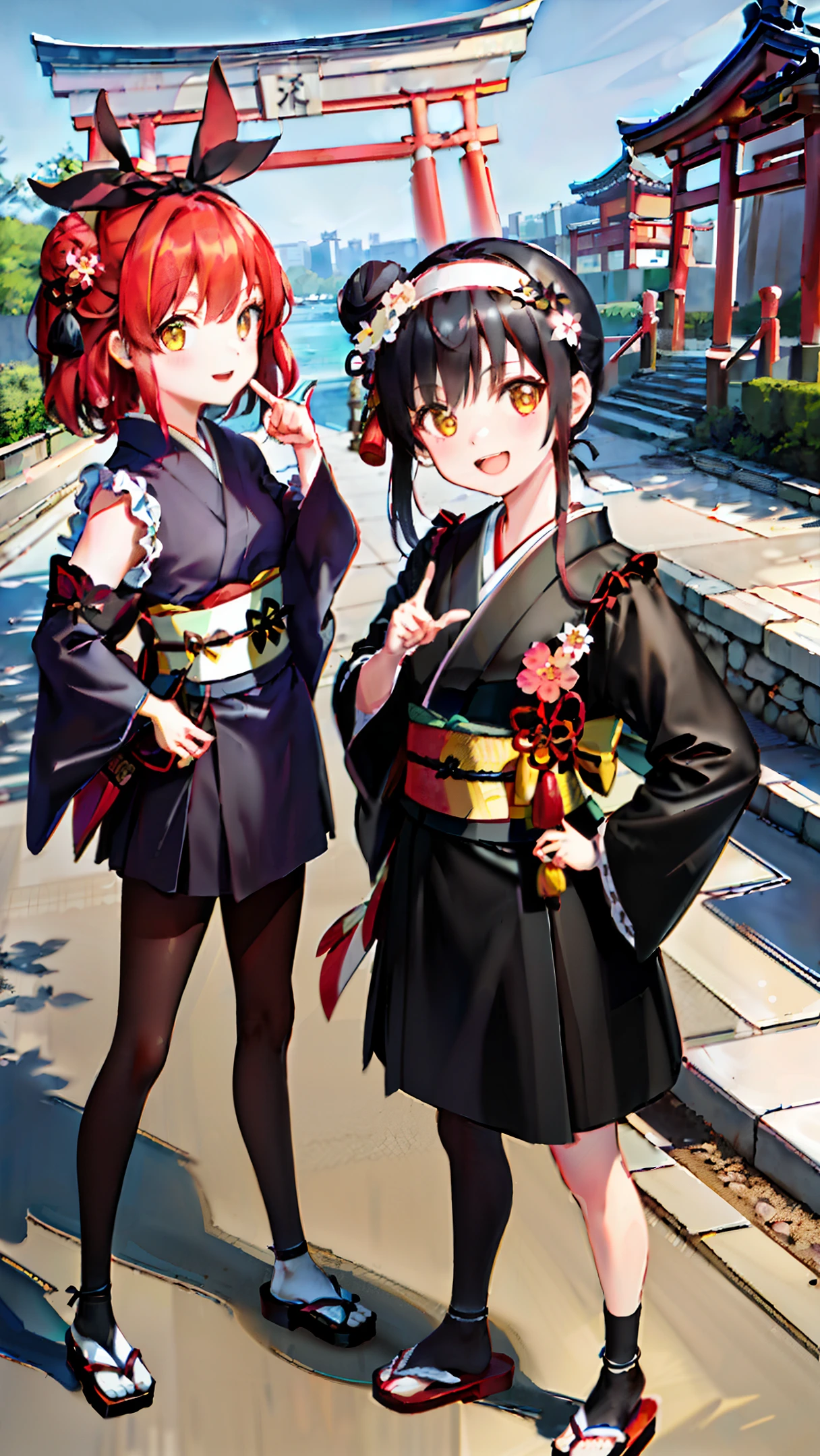 ((masterpiece, best quality)), 2girls, pointing at the audience, pointing at the audience, iron railings, residential railings, Shenyang, one hand on hips, black kimono, black leggings, black ribbon, black hair, cherry blossoms, day, flower, hair updo, hair band, Japanese dress, kimono, facing viewer, bald, multiple girls, belt, outdoors, red eyes, redhead, ribbon, sandals, bun, stairs, standing, statue, torii, tree, black Kimono, yellow eyes, legs apart