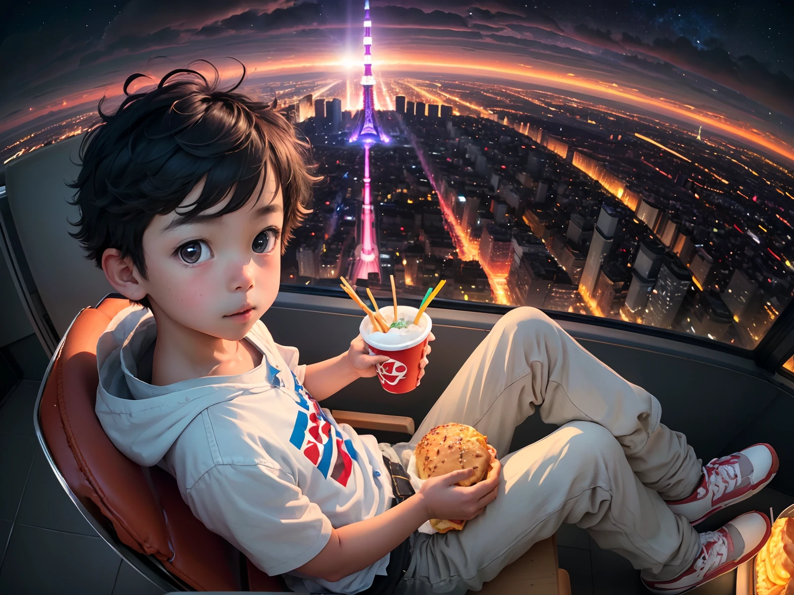 (masterpiece, high quality, highres, highest picture quality), (Master's work), (from above:0.8), cute boy, Man eating kfc burger, solo, solo focus, feel happy, graduate,(Sakura:1.1) , , delicate eyes, delicate face, shiny hair, shiny skin, shiny eyes, a table full of food (KFC burgers, french fries, coke , fried chicken) (In spring, a boy sits on a viewing platform on a hill far away from the city and looks at the city at night, the city in the distance is flashing with neon lights, and the tall Tokyo Tower stands above the city: 1.2), lights , starry sky, cloudy sky, clouds,