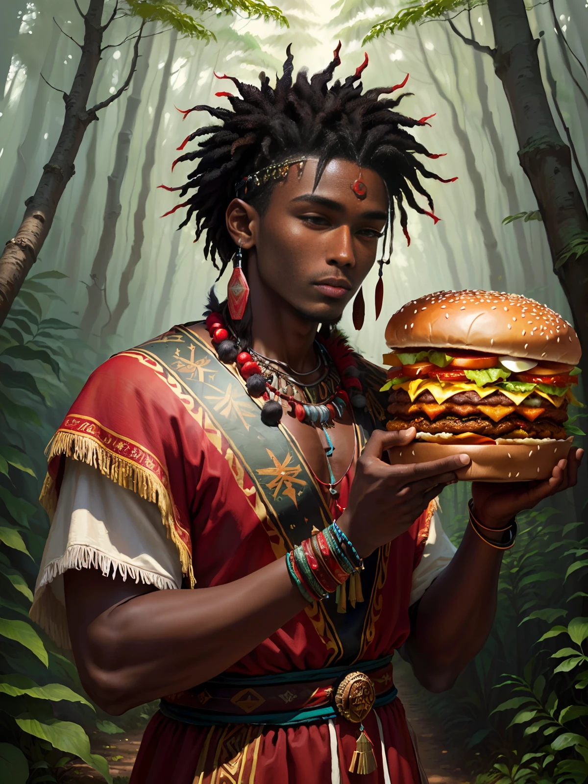 (best quality), (super fine), (masterpiece), illustrator, (young man), in the forest, shaman, dark skin, wearing shaman decision, pray, in front of a huge KFC burger, red dress