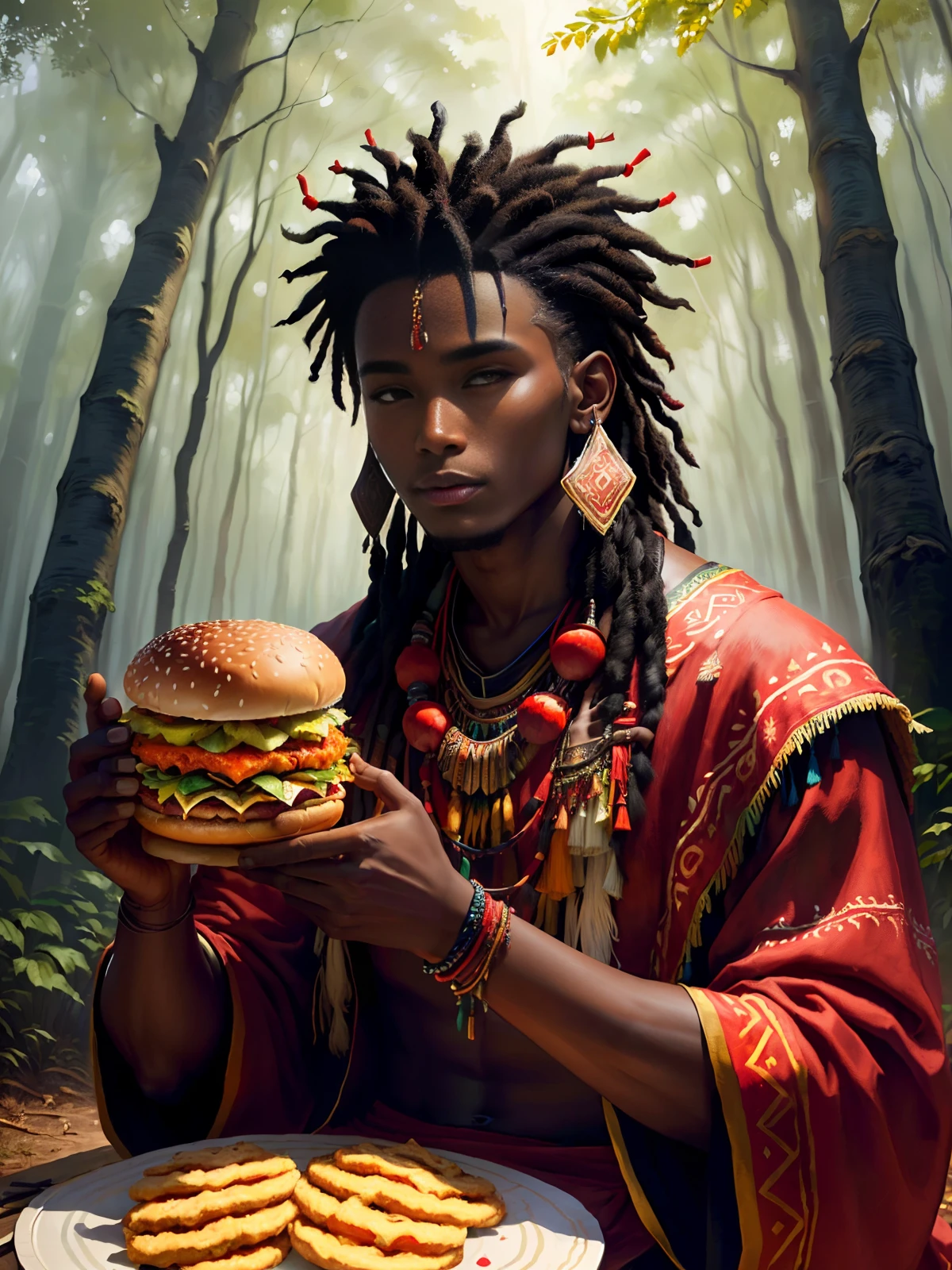 (best quality),(super fine),(masterpiece),illustrator,(young man),in the forest,shaman,dark skin,wearing shaman decoration,pray,in front of a huge KFC burger,red clothes