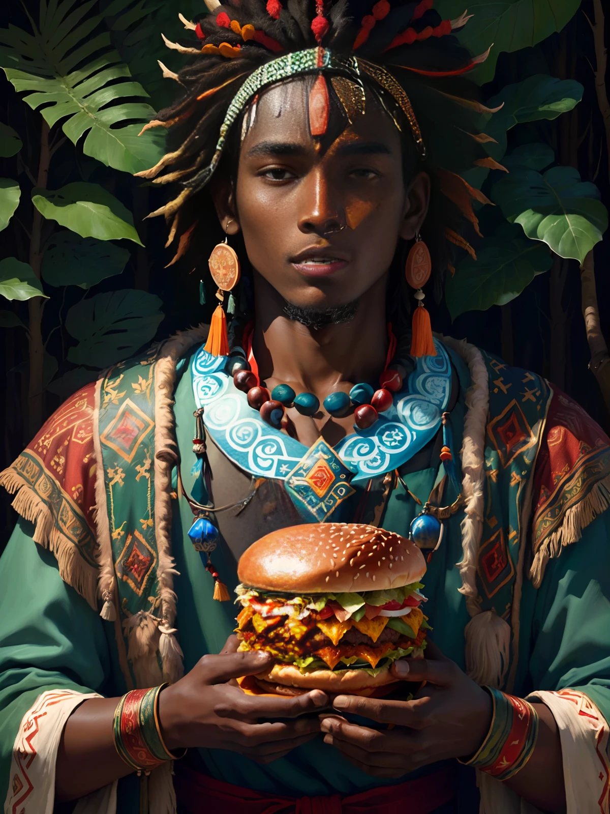 (best quality), (super fine), (masterpiece), illustration, (young man), in the forest, shaman, dark skin, wearing shaman decoration, praying, in front of you is a huge KFC hamburger,