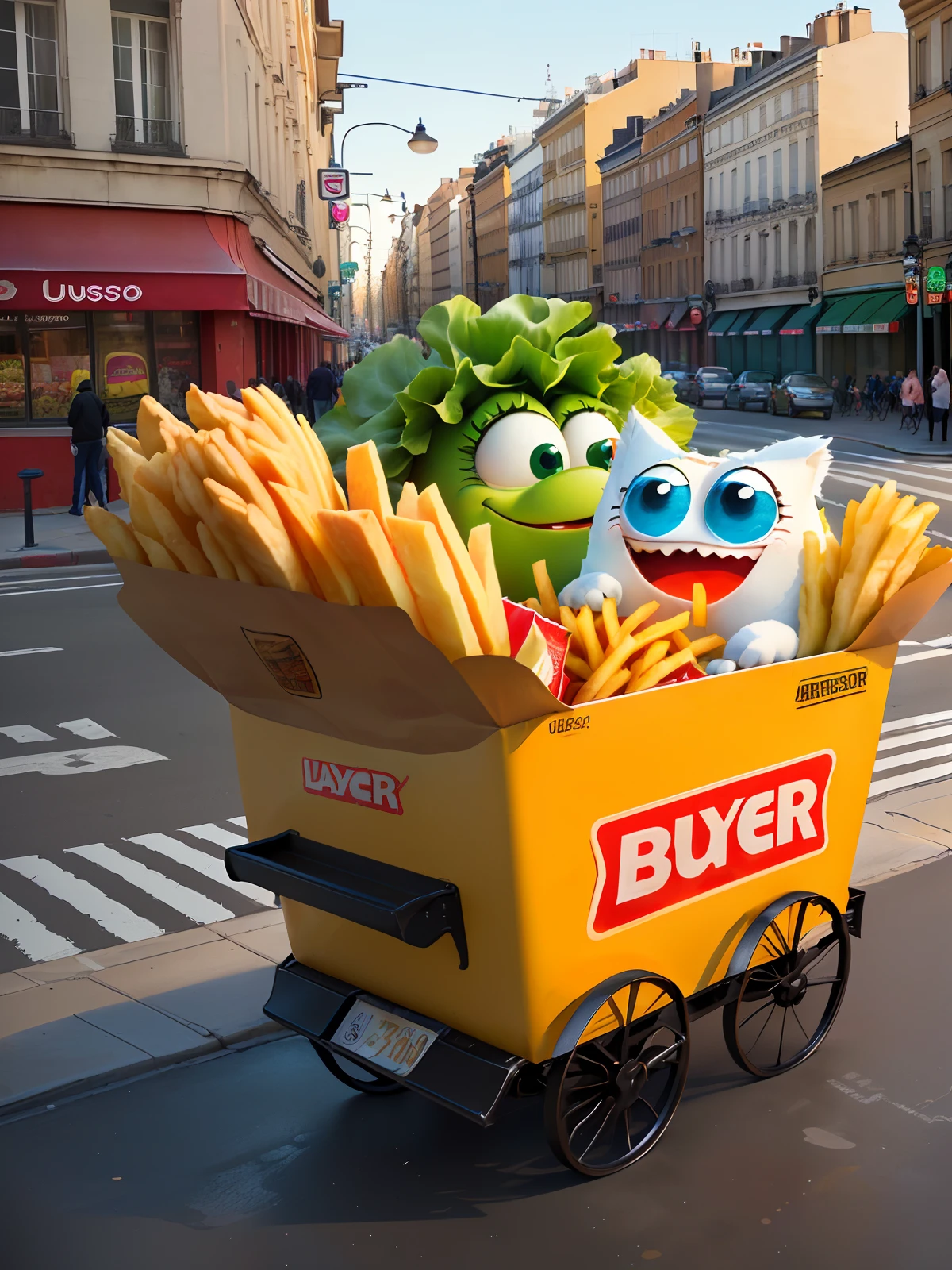Foreground cartoon style: (funny style), (one character), (burger monster), (big eyes), (big paws), (cheese fur), (juicy tomatoes as body parts), (lettuce as main fabric), (1 bottle of ketchup), (a box of French fries). Street view background: (urban architectural details), (lampposts), (traffic lights), (garbage cans), (several people in fast food uniforms), (brand logos). Note: Adjusting the relative weights of labels can generate multiple iterations of the same cue.