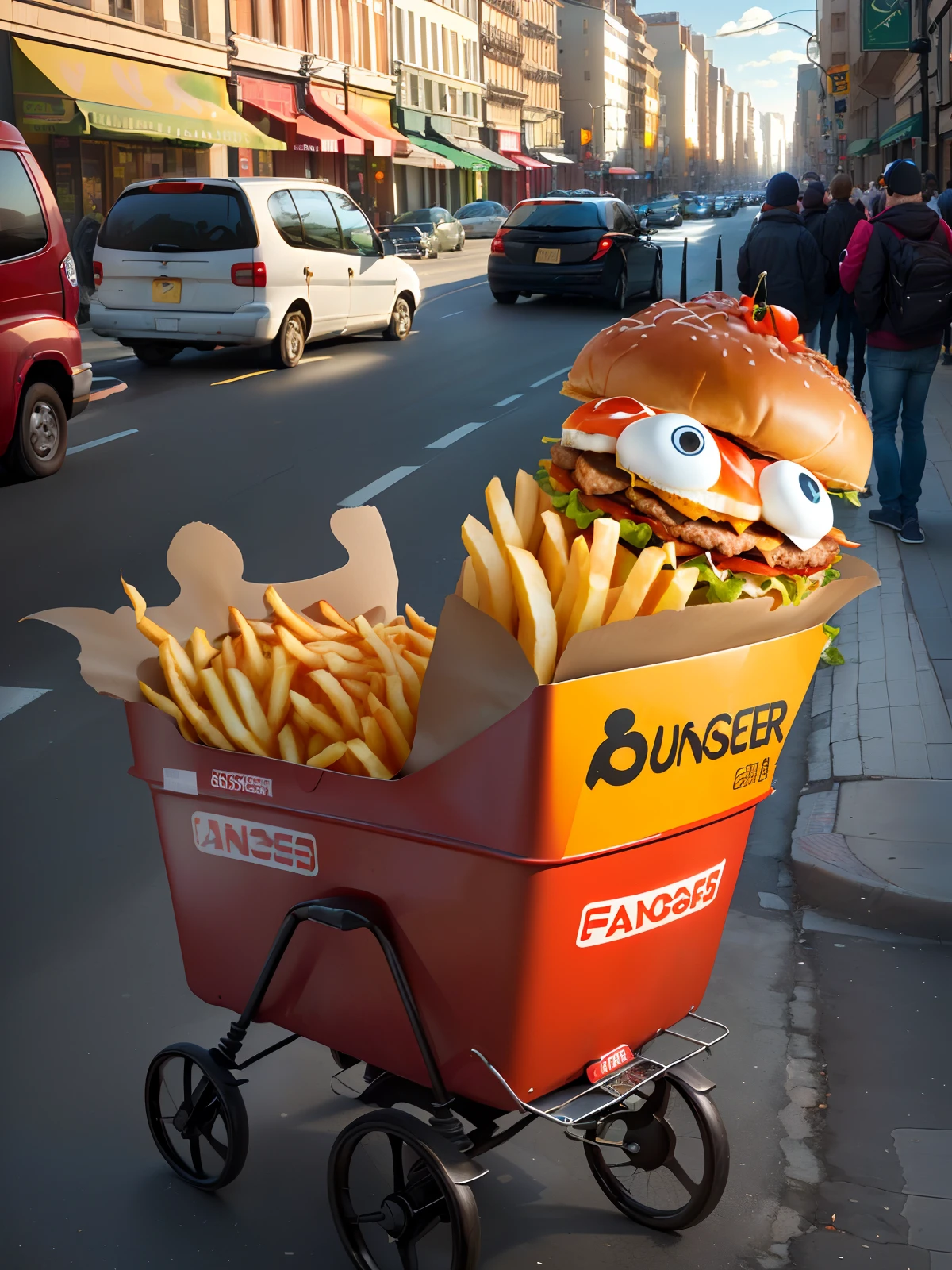 Foreground cartoon style: (funny style), (one character), (burger monster), (big eyes), (big paws), (cheese fur), (juicy tomatoes as body parts), (lettuce as main fabric) , (1 bottle of ketchup), (box of French fries). Street view background: (detailed city buildings), (lampposts), (traffic lights), (age cans), (several people in fast food uniforms), (brand logos). Note: Adjusting the relative weights of labels can generate multiple iterations of the same hint.