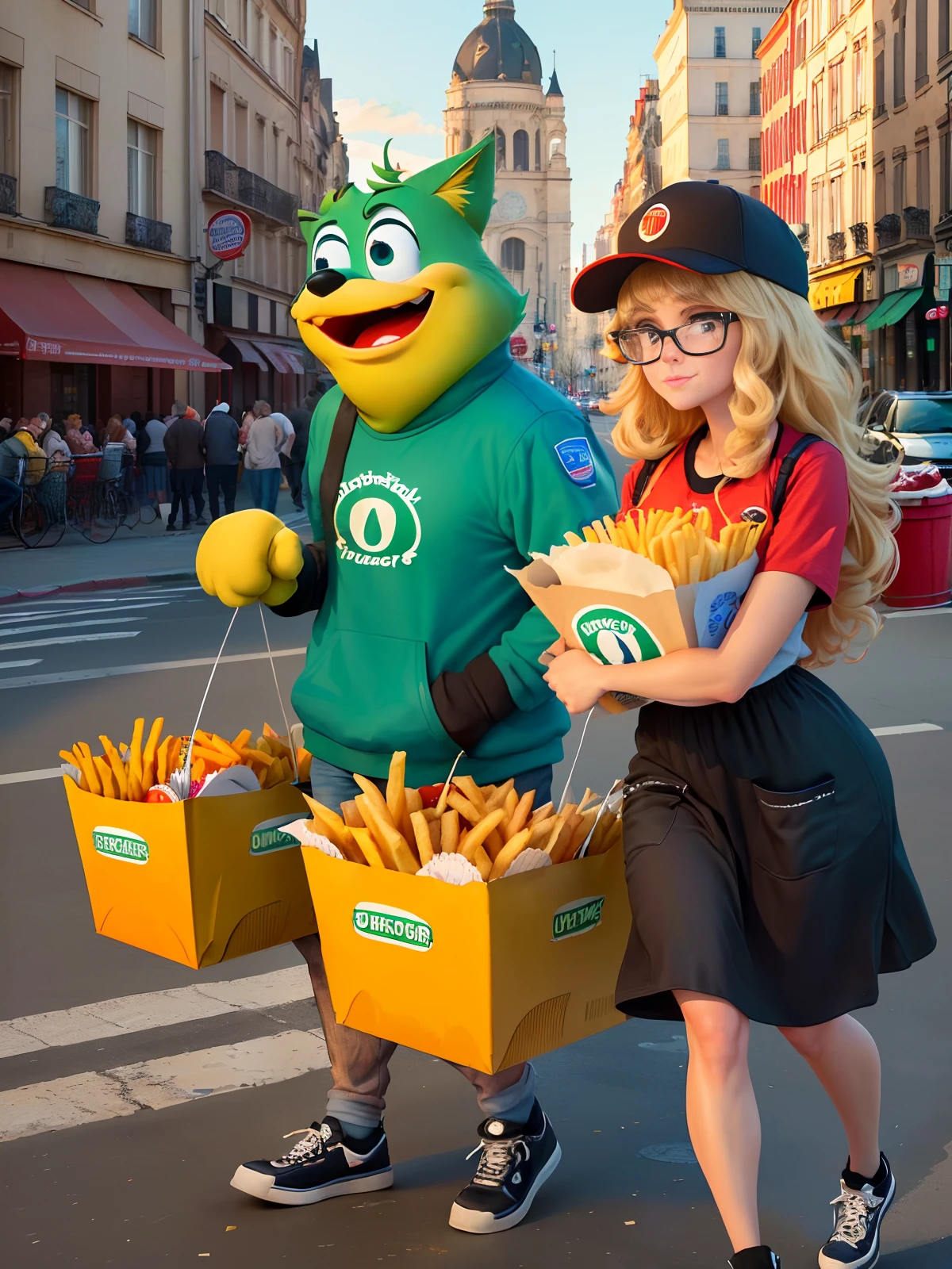 Foreground cartoon style: (funny style), (one character), (burger monster), (big eyes), (big paws), (cheese fur), (juicy tomatoes as body parts), (lettuce as main fabric) , (1 bottle of ketchup), (box of French fries). Street view background: (detailed city buildings), (lampposts), (traffic lights), (garbage cans), (several people in fast food uniforms), (brand logos). Note: Adjusting the relative weights of labels can generate multiple iterations of the same hint.