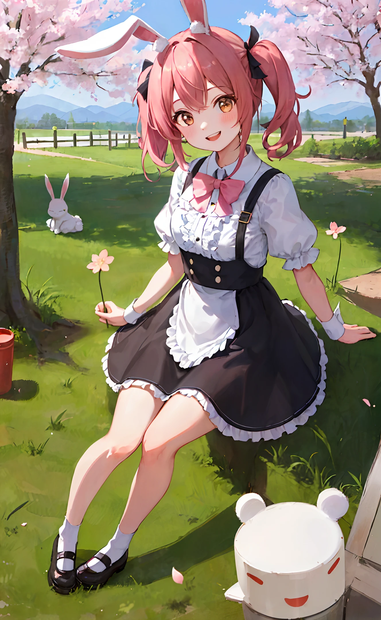 ((Masterpiece, Best Quality)), a solo shot of a girl with rabbit ears wearing black Mary Janes, lifting one foot and sitting on the grass, wearing a pink short skirt, short sleeves, bubble sleeves, with twin tails and a smile, looking at a bunny, surrounded by cherry blossoms and dappled sunlight. Outdoor scene featuring a fluffy white underskirt, bangs, and brown eyes.