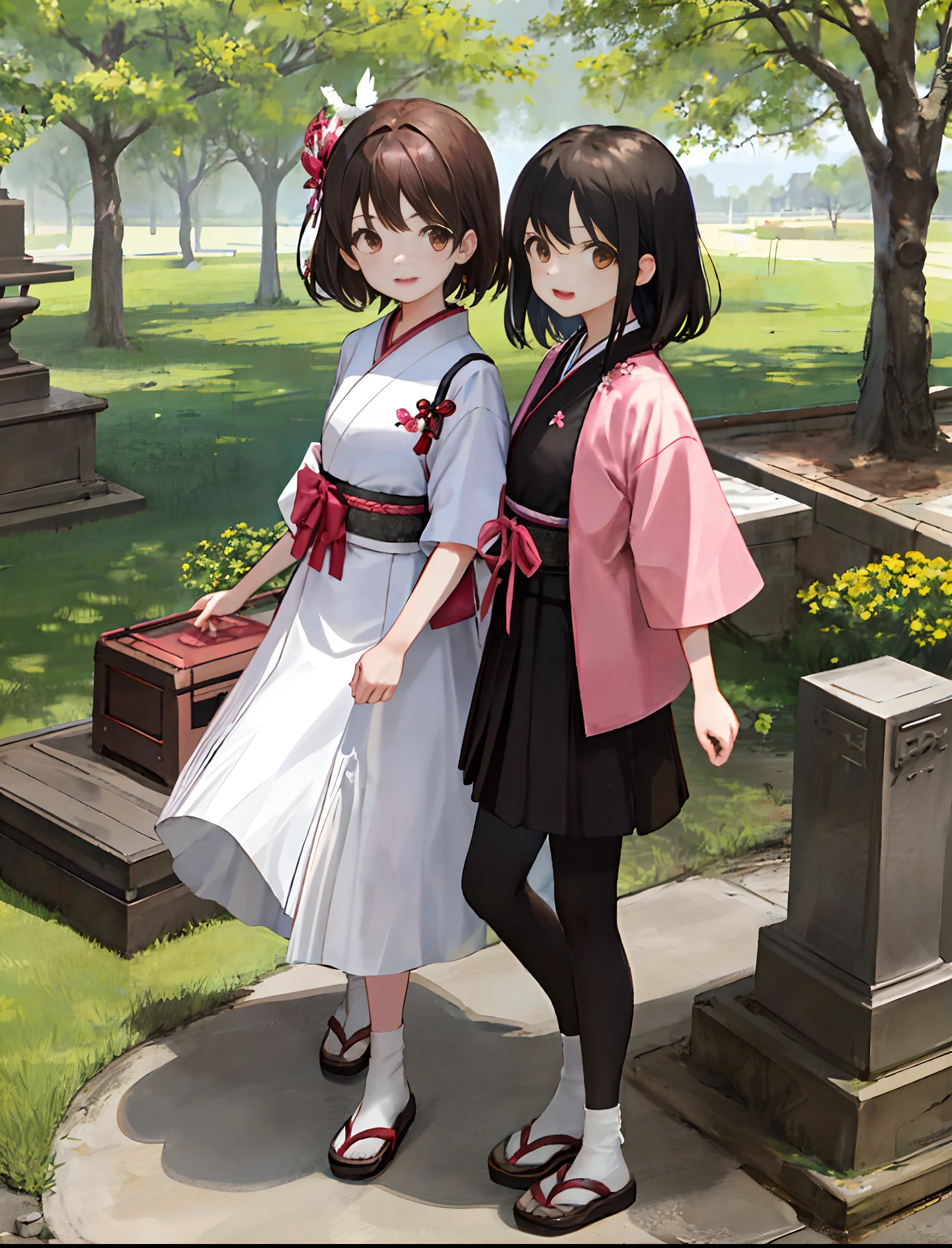 [(two girls),(outdoors,lawn,standing,statue,tree),((black hair:brown eyes:1.2)+(red cheongsam:0.9)+(ribbon:sandals:0.8)+(single bun:0.6)),(white doves:1.1),(cherry blossoms:tree:0.8),(pink kimono:brown eyes:1.1)]