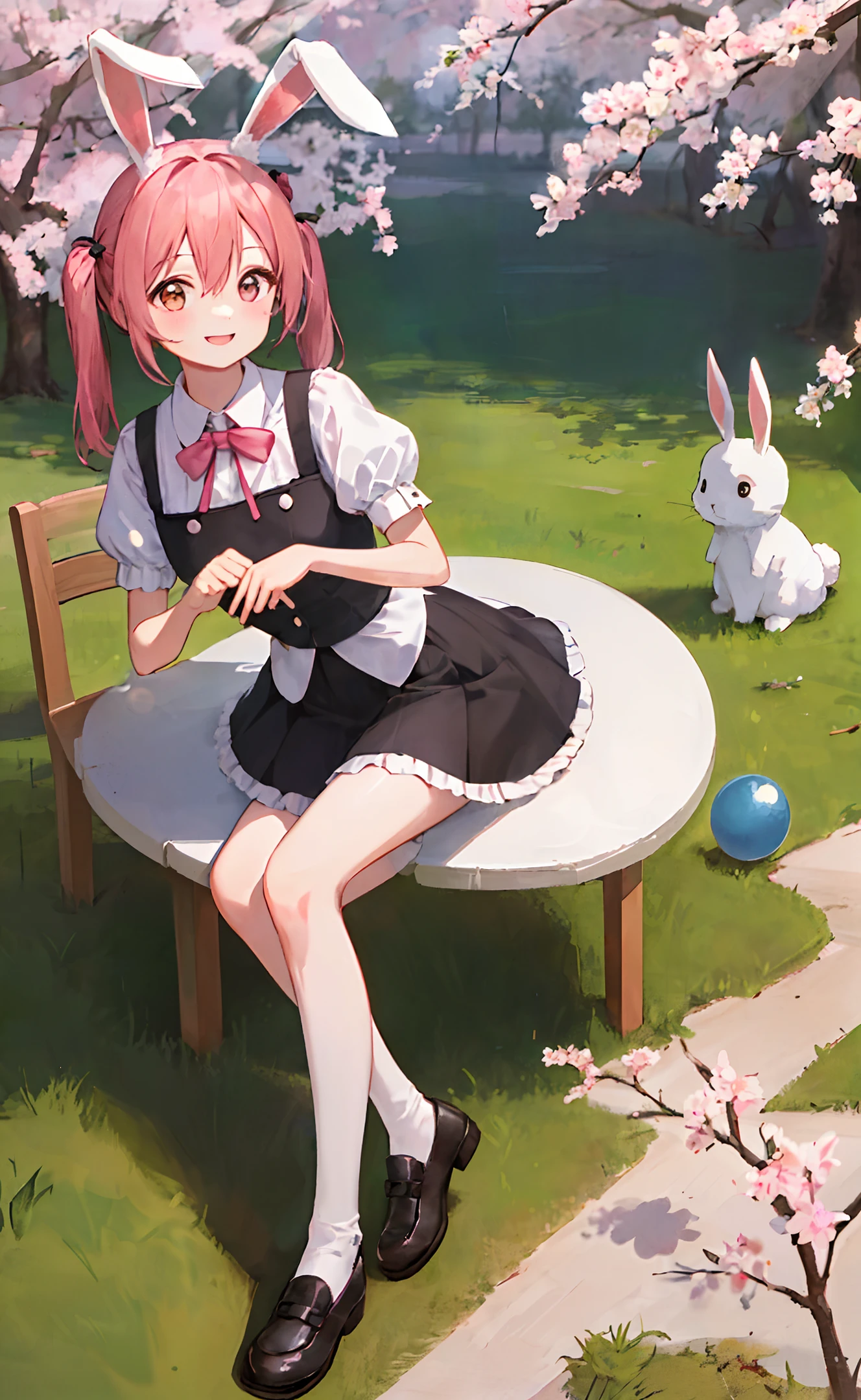((Masterpiece, Best Quality)), a solo shot of a girl with rabbit ears wearing black Mary Janes, lifting one foot and sitting on the grass, wearing a pink short skirt, short sleeves, bubble sleeves, with twin tails and a smile, looking at a bunny, surrounded by cherry blossoms and dappled sunlight. Outdoor scene featuring a fluffy white underskirt, bangs, and brown eyes.