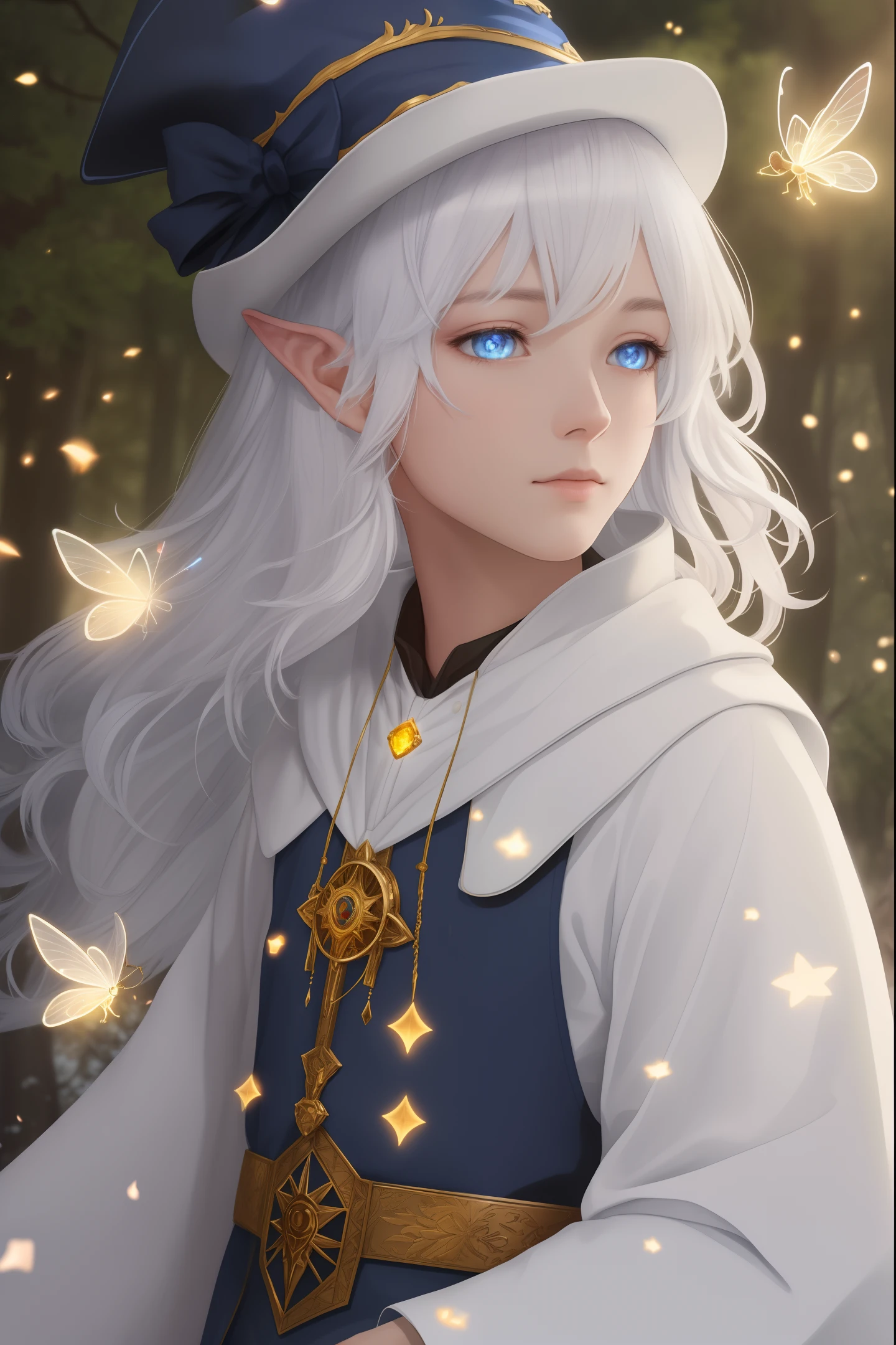 Masterpiece, best quality, official art, extremely detailed, CG unity 8k wallpaper, highly detailed, illustration, upper body, fantasy, (cowboy shot: 1.3), (white hair), boy, fantasy clothes, gold sapphire ring, white skin, Fairy ears, (Magic Forest: 1.3), (Night: 1.4), (Neon Firefly), glowing dust, white particles in the air, wizard hat, short hair, (blue pupil 1.5), holding a dark book