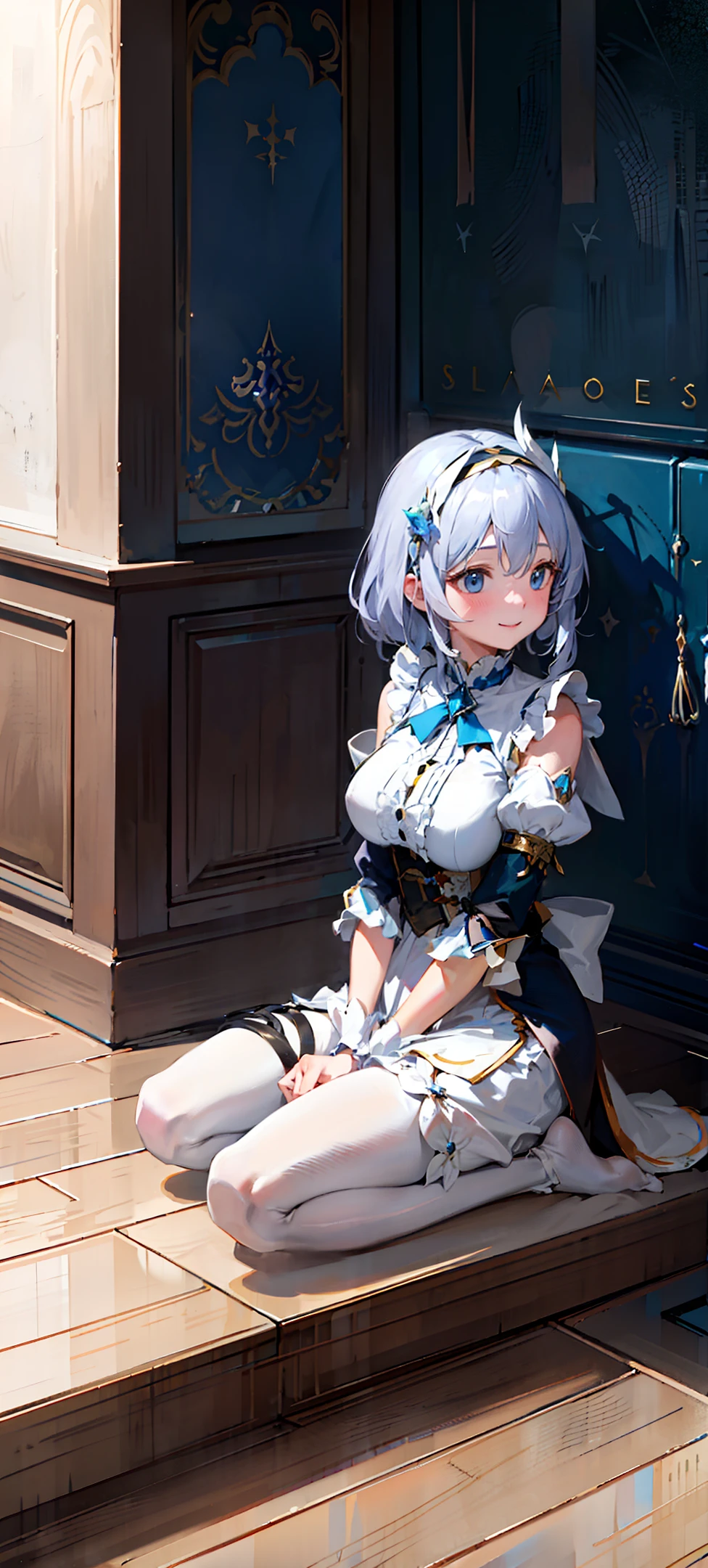 (Masterpiece, super exquisite, extremely exquisite CG unity 8k wallpaper, floating, dynamic angle, kneeling girl, leaning forward, hands on the ground, blue eyes, waist-length silver hair: 1.3, white pantyhose, beautiful smiling face) No wear shoes.