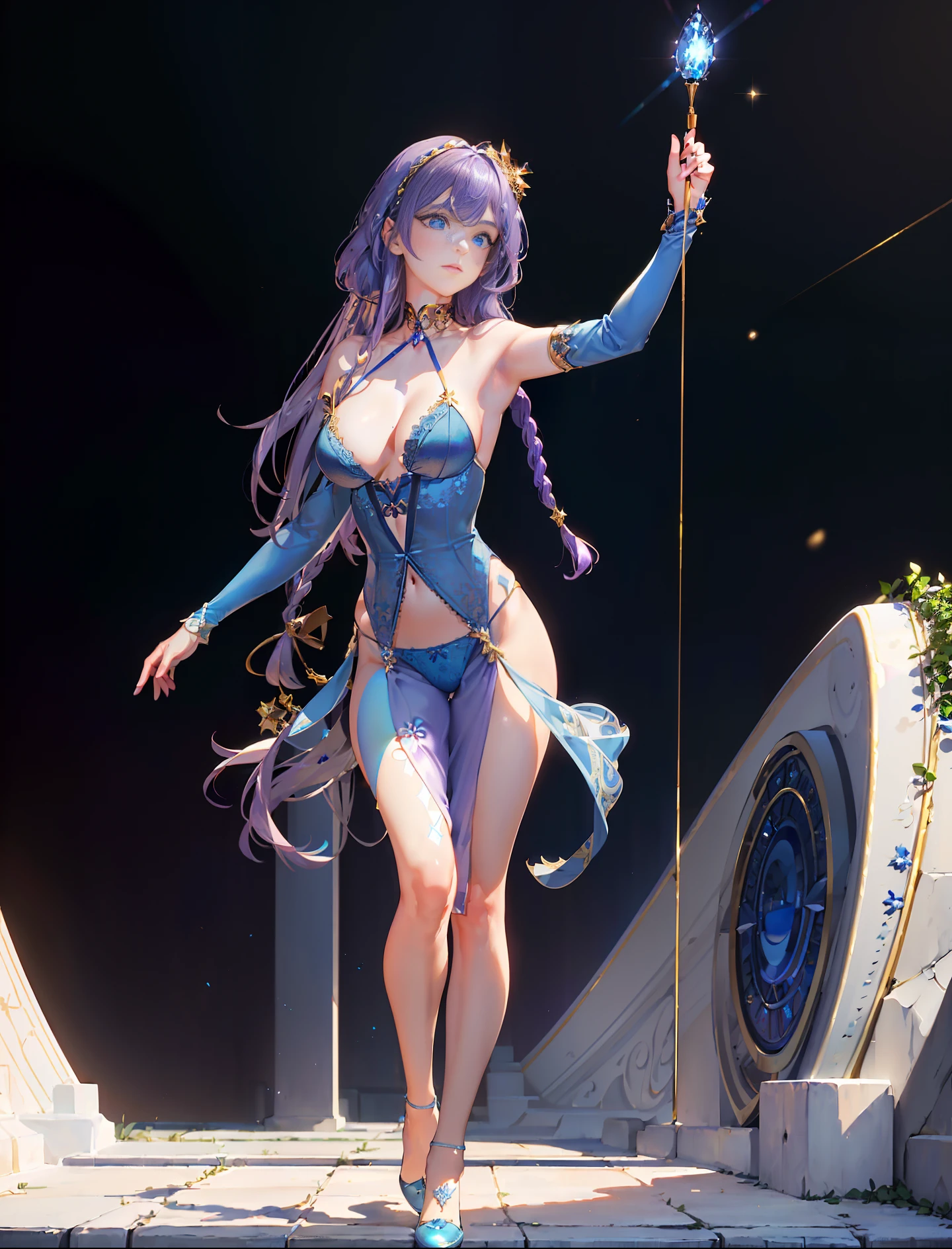 (Prompt: (masterpiece:1.3),(beauty:1.2),(quality:1.2),(fine:1.2),(beautiful blue eyes:1.5),realistic portrait,3D face,(glowing eyes:1.1),shimmering golden hair,luminous skin,dappled sunlight,solo performance,staring,abdomen,golden hair,blue eyes,braided hair,no bangs,(blue-purple lingerie:1.3),full body,wings.)