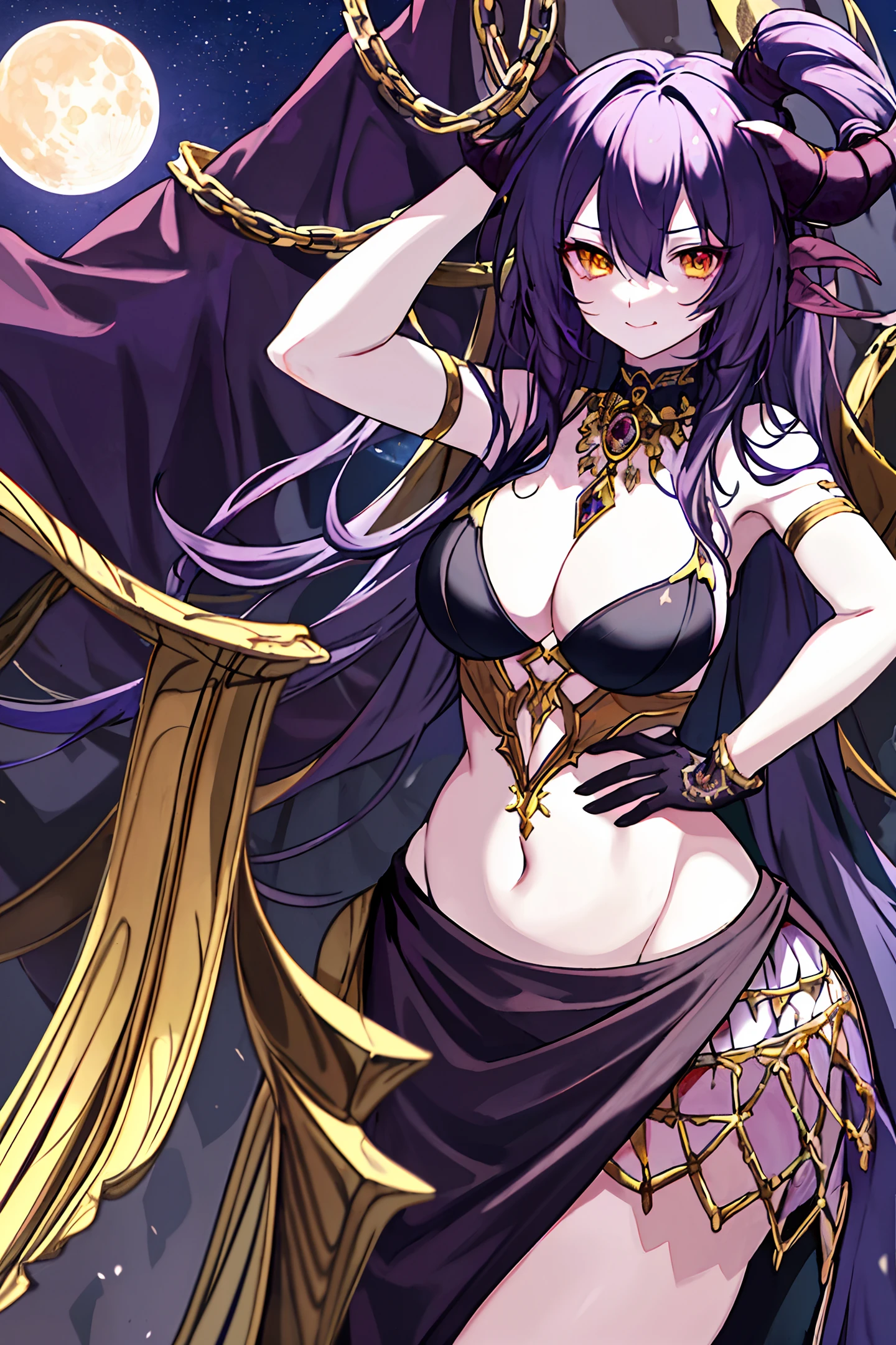 (((tiefling))),((golden eyes)), purple hair, ruins, (((masterpiece))),(((best quality))),(((extremely detailed))),(((extremely detailed))),illustration, 1girl, solo, mysterious, vivid color, shiny, moon, star (sky), standing, arms up , night sky, starry sky, gloves, dress, shut up, white dress, strapless, jewelry, cleavage, arm on hip, cowboy photo , necklace, black gloves, has the pale gray skin of an old corpse, and only when she is excited can she reveal a hint of rosy. Her dark purple hair hung down, and part of it was tangled around the antelope horns on either side of her head. Several pieces of metal were roughly embedded in her thick tail, which had grown together with the flesh. A horrific 15-inch scar stretched from her ribs to her lower abdomen, its distribution of disgusting pustules and carbonized particles belied the poor handling of the wound. A pair of dark golden eyes reflected the world she saw, but couldn't reflect what she thought