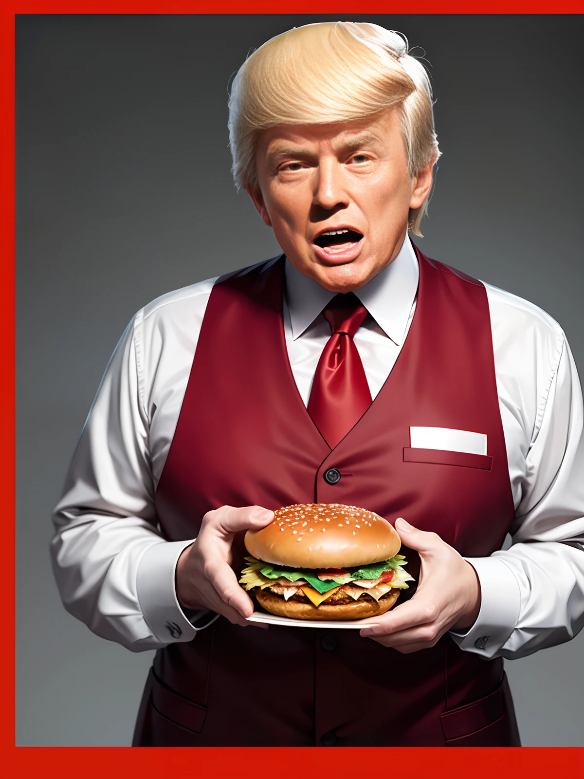 KFC portrait poster, Donald Trump holding a KFC burger, dead laughing, 8K, high quality, very detailed, high quality, masterpiece, clear KFC logo