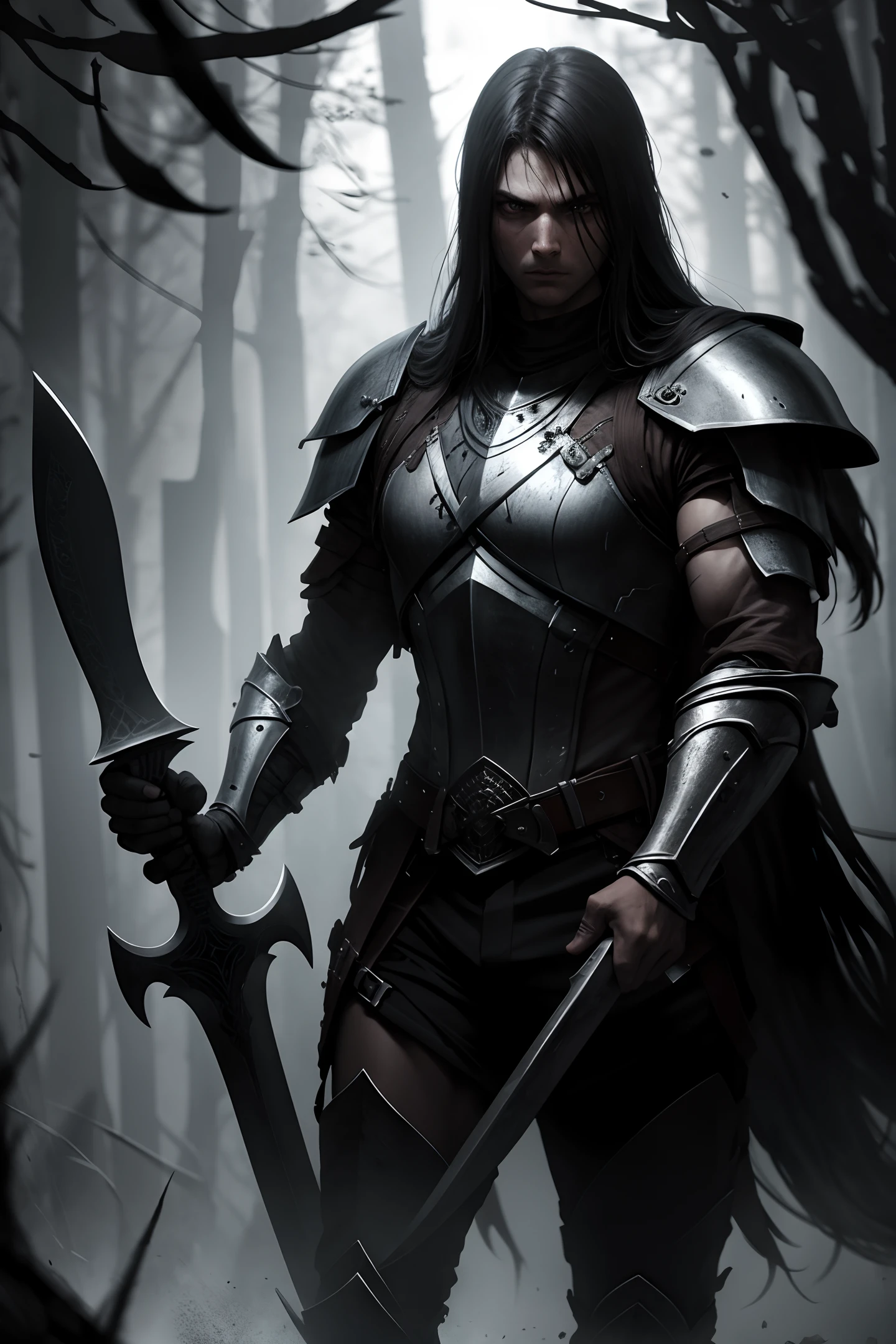 Realistic, masterpiece, best quality, a strong human warrior wielding an axe with both hands, moody lighting, glowing, magical, mysterious, edge lighting.