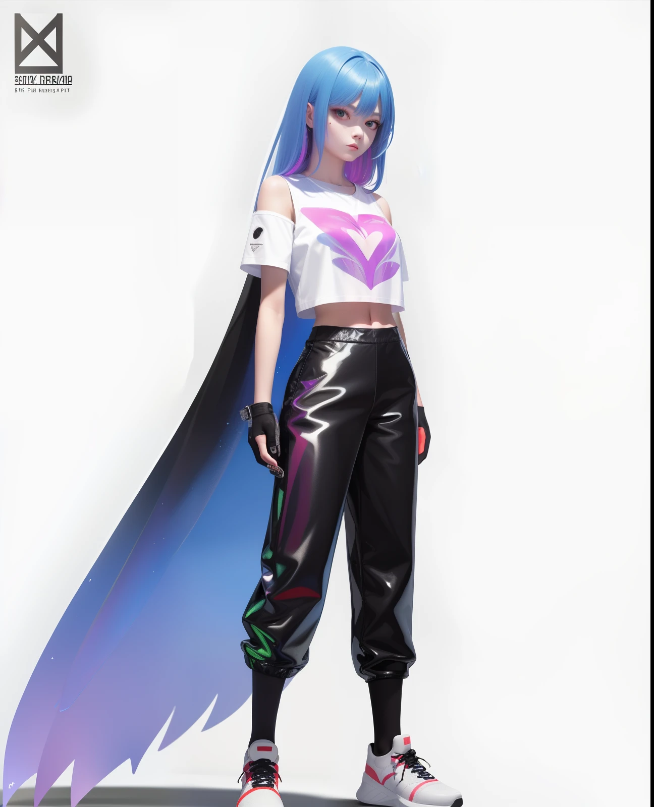 (Shoulders: 1.9), long hair, pure white background, croptop, Kpop idol, short-sleeved T-shirt, hip-hop pants, colorful, 1 woman wearing a colored PVC texture vest ((movie interference)), full body, wearing sneakers, Beautiful eyes, shiny, jewelry, portraits, game original painting, c4d, blender, pretty face, black background, 1 woman wearing ((color laser transparent PVC material)) coat shoes, film interference, full body, beautiful eyes, luse, accessories ,portrait,game original painting,character concept design,beauty,white background,masterpiece,top quality,high quality,high resolution