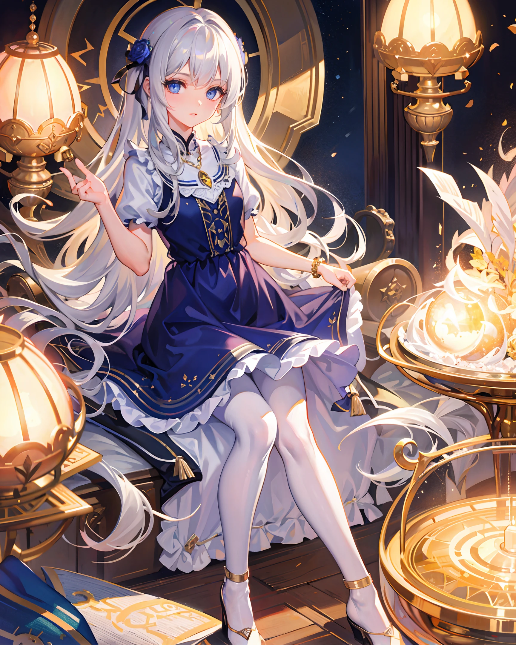 (masterpiece, best quality, extremely detailed CG, beautiful detailed eyes, super detailed, intricate details: 1.2), 8k wallpapers, exquisite features, (1girl, solo: 1.4), silvery white long hair, striped hair, Looking at viewer, blue eyes, leg rings, white pantyhose, small tits, necklace, blue flames, magic surround, night, dark