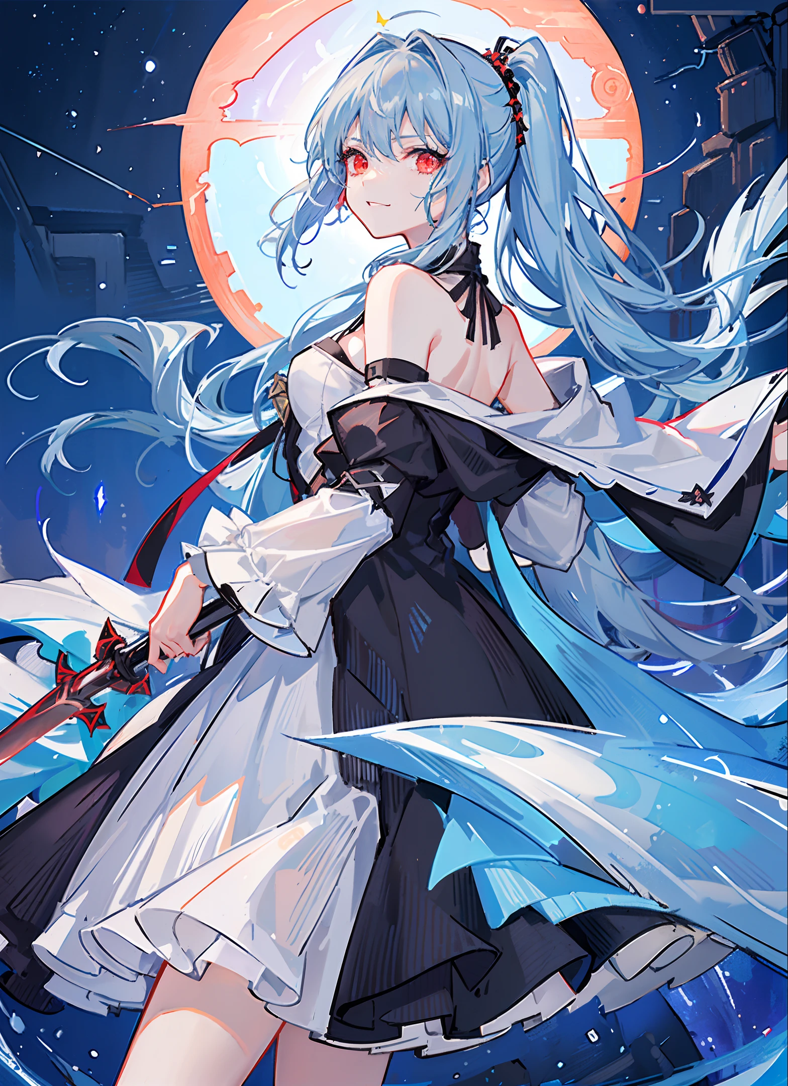[[delicate fingers and hands:0.55]::0.85], (:cyan:0.6):1.12222}},{(:blue:0.9):1.11111},{(red::0.3):1.13333}, (beautiful detailed eyes),(Agirl+Bgirl:1.3),(2girl:1.3),[(confrontation split screen theme)::0.1],(face to face:1.4),(Standoff:1.3),(Cowboy shot:1.3), (left side),(AGirl_wear_black Energy dress),(Plush:1.2),,Energy Wide sleeves (she_with_(white:1.4)_hair:1.1),High Ponytail, (she_with_(Glowing_eyes:0.8),(green eyes)) (she_have _(wicked:1.2),(Anger:1.2) (she holding (blue Galaxy embedded in the Heavy Sword:1.3),(Hilt in the shape of a blue star) ,(right-side),(BGirl_wear_white shirt),(Plush:1.2),,Energy Wide sleeves (she_with_black:1.4)_hair:1.1), (long hair:1.2) (she_with_(Glowing_eyes:0.8),(red eyes)) (she_have _(wicked:1.2),),evil smile (she carry (Scarlet Galaxy embedded in the Heavy Sword:1.3),(Hilt in the shape of a sun)