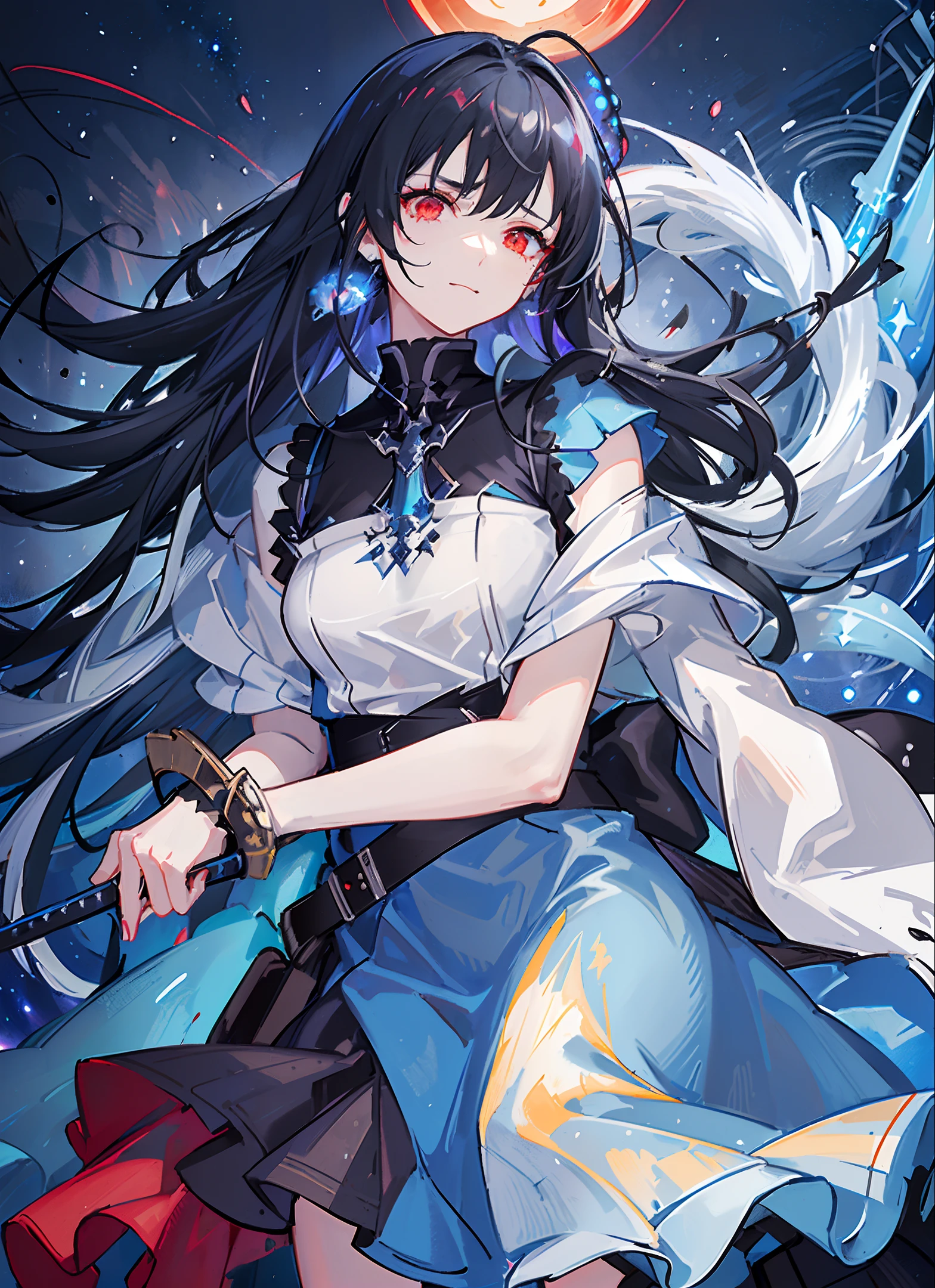 [[delicate fingers and hands:0.55]::0.85], (:cyan:0.6):1.12222}},{(:blue:0.9):1.11111},{(red::0.3):1.13333}, (beautiful detailed eyes),(Agirl+Bgirl:1.3),(2girl:1.3),[(confrontation split screen theme)::0.1],(face to face:1.4),(Standoff:1.3),(Cowboy shot:1.3), (left side),(AGirl_wear_black Energy dress),(Plush:1.2),,Energy Wide sleeves (she_with_(white:1.4)_hair:1.1),High Ponytail, (she_with_(Glowing_eyes:0.8),(green eyes)) (she_have _(wicked:1.2),(Anger:1.2) (she holding (blue Galaxy embedded in the Heavy Sword:1.3),(Hilt in the shape of a blue star) ,(right-side),(BGirl_wear_white shirt),(Plush:1.2),,Energy Wide sleeves (she_with_black:1.4)_hair:1.1), (long hair:1.2) (she_with_(Glowing_eyes:0.8),(red eyes)) (she_have _(wicked:1.2),),evil smile (she carry (Scarlet Galaxy embedded in the Heavy Sword:1.3),(Hilt in the shape of a sun)