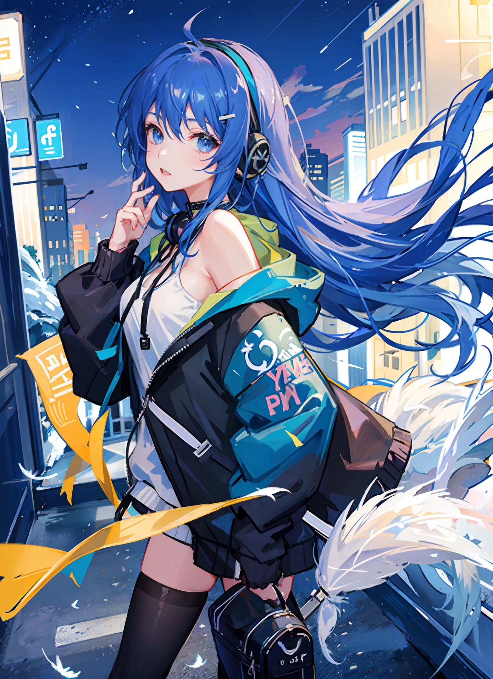 1girl,hoodie,blue hair, very long hair, off shoulder, feather hair ornament, headphones around neck, city,night,outdoors