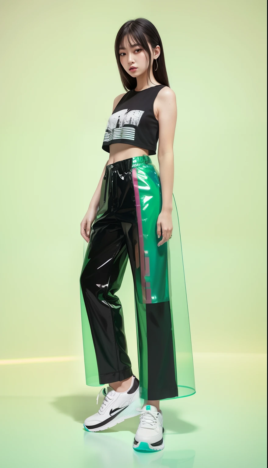 (Shoulders: 1.9), long hair, pure white background, croptop, Kpop idol, short-sleeved T-shirt, hip-hop pants, colorful, 1 woman wearing a colorful PVC tank top ((movie interference)), full body, wearing sneakers, beautiful eyes , shiny, accessories, portrait, game original painting, c4d, blender, pretty face, black bottom, 1 women&#39;s clothing ((color laser transparent PVC material)) coat shoes, film interference, full body, beautiful eyes, luse, accessories, portrait, Game Art, Character Concept Design, Beauty, White Background, Masterpiece, Top Quality, High Quality, High Resolution