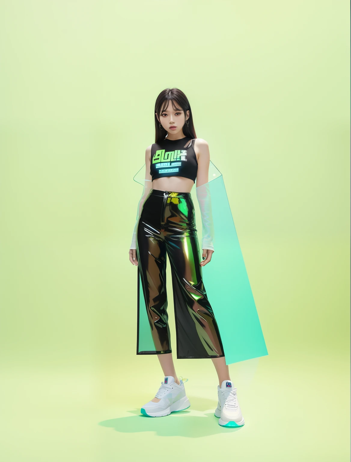 (Shoulders: 1.9), long hair, pure white background, croptop, Kpop idol, short-sleeve T-shirt, hip-hop pants, colorful, 1 woman wearing a colorful PVC tank top ((movie interference)), full body, wearing sneakers, beautiful eyes , shining, accessories, portrait, game original painting, c4d, blender, pretty face, black bottom, 1 female wear ((color laser transparent PVC material)) coat shoes, film interference, full body, beautiful eyes, luse, accessories, portrait, Game Art, Character Concept Design, Beauty, White Background, Masterpiece, Top Quality, High Quality, High Resolution