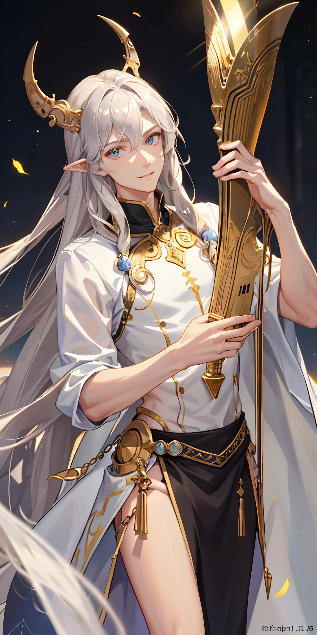 (fidelity: 1.4), awesome, masterpiece, male, thin, muscular, pointy ears, light gray skin, long golden curly hair, sapphire eyes, smile, bard, do not disturb, masterpiece, high quality