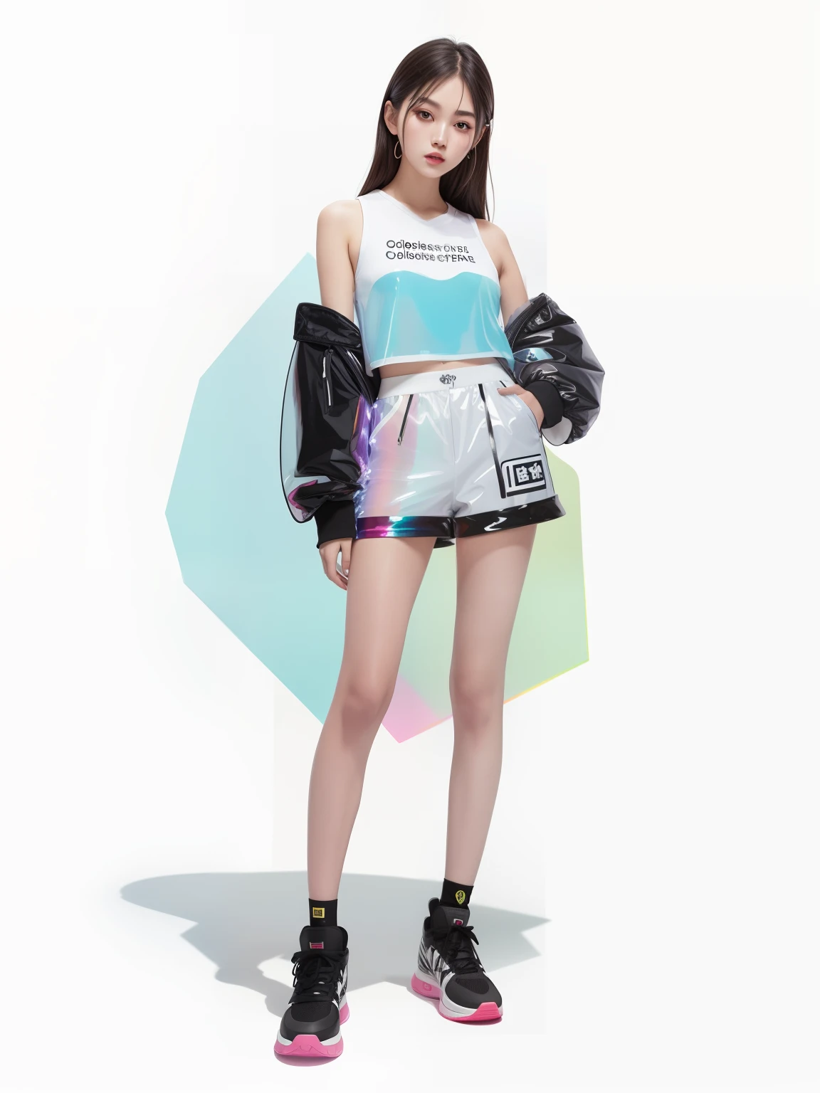 (Shoulders: 1.9), long hair, pure white background, croptop, Kpop idol, short-sleeved T-shirt, hip-hop pants, colorful, 1 woman wearing a colorful PVC tank top ((movie interference)), full body, wearing sneakers, beautiful eyes , shining, accessories, portraits, game original paintings, c4d, blender, pretty face, black bottom, 1 piece of women's clothing ((color laser transparent PVC material)) coat shoes, film interference, full body, beautiful eyes, luse, accessories, portrait, Game Art, Character Concept Design, Beauty, White Background, Masterpiece, Top Quality, High Quality, High Resolution