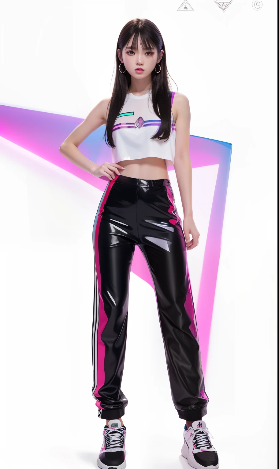 (Shoulders: 1.9), long hair, pure white background, croptop, Kpop idol, short-sleeved T-shirt, hip-hop pants, colorful, 1 woman wearing a colorful PVC tank top ((movie interference)), full body, wearing sneakers, beautiful eyes , shine, accessories, portrait, game original painting, c4d, blender, pretty face, black bottom, 1 piece of women&#39;s clothing ((color laser transparent PVC material)) coat shoes, film interference, whole body, beautiful eyes, luse, accessories, portrait, Game Art, Character Concept Design, Beauty, White Background, Masterpiece, Top Quality, High Quality, High Resolution