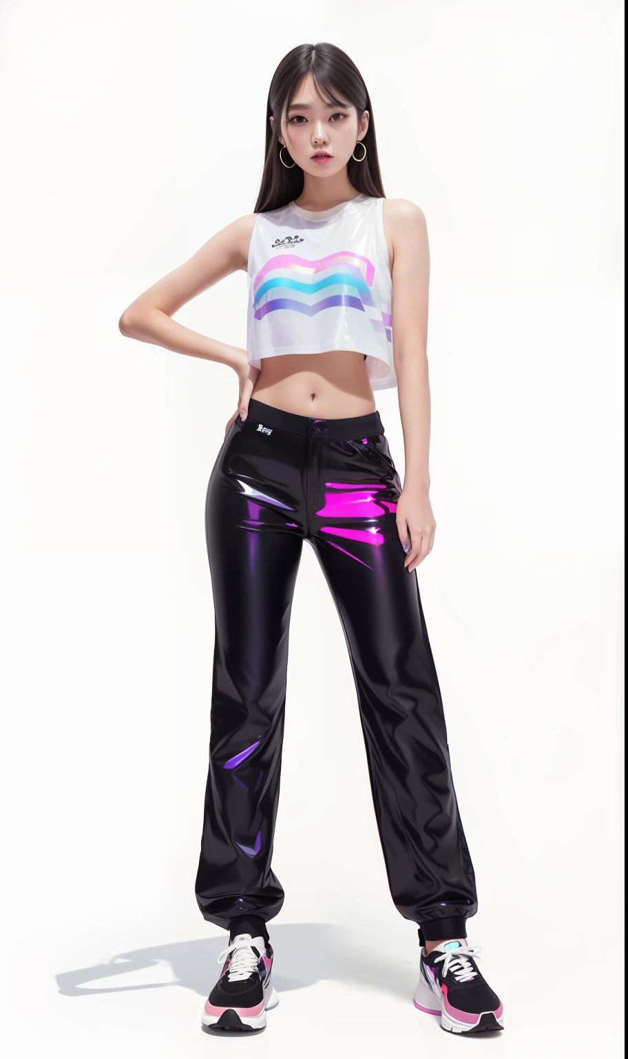 (Shoulders: 1.9), long hair, pure white background, croptop, Kpop idol, short-sleeved T-shirt, hip-hop pants, colorful, 1 woman wearing a colorful PVC tank top ((movie interference)), full body, wearing sneakers, beautiful eyes , shine, accessories, portrait, game original painting, c4d, blender, pretty face, black bottom, 1 piece of women&#39;s clothing ((color laser transparent PVC material)) coat shoes, film interference, whole body, beautiful eyes, luse, accessories, portrait, Game Art, Character Concept Design, Beauty, White Background, Masterpiece, Top Quality, High Quality, High Resolution