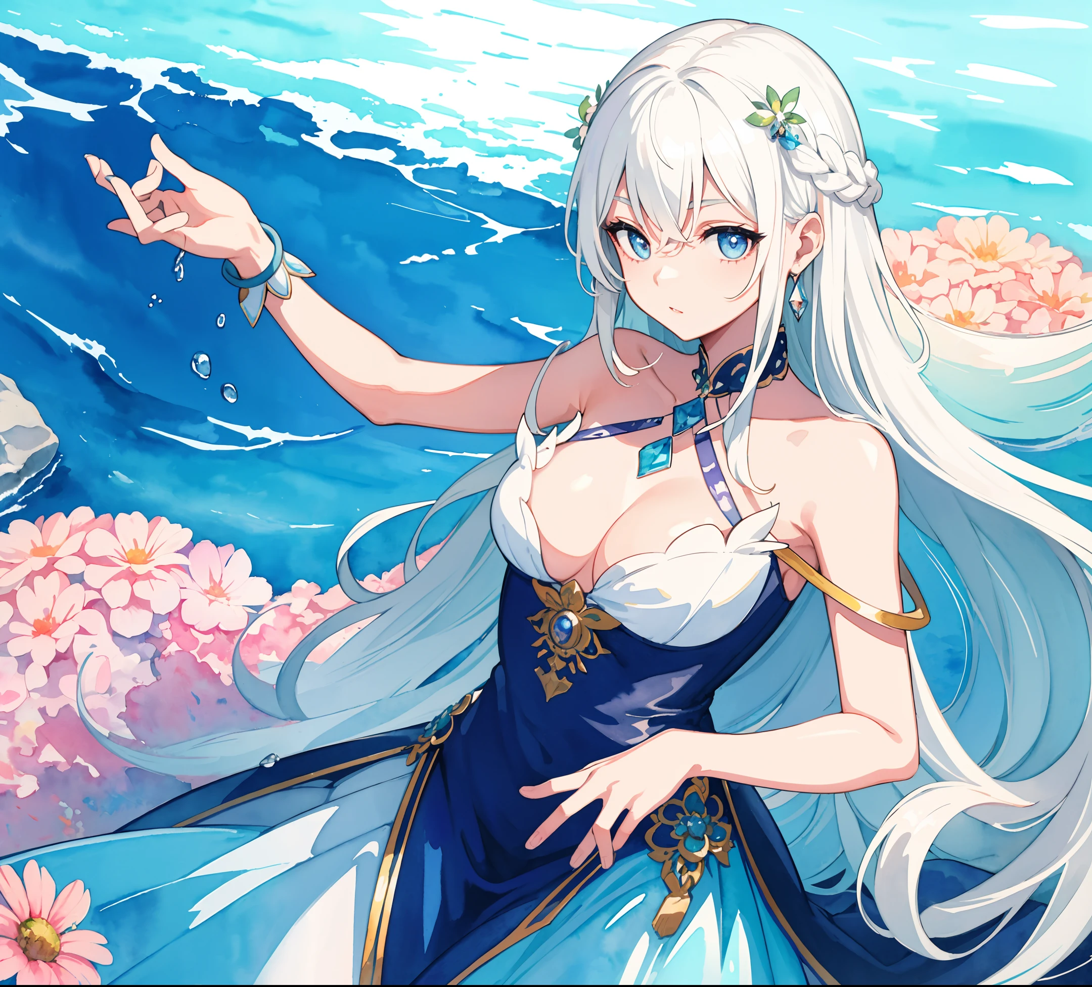 (Superior),(Masterpiece:1.2),(Color:0.9),(Splash Ink),(Splash Color),((Watercolor)),clear and sharp,Model shooting,(Summer Goddess:1.5),gentle expression,elegant White hair, delicate face and eyes, elegant goddess costume, sea background, colorful water