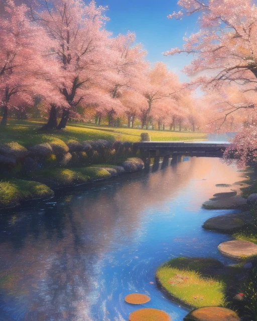 (High Resolution: 1.1), Best Quality, (Masterpiece: 1.2), Warm Bright Colors, Oil Painting, Pointillism, Trees, Water, Ripples, Sakura Trees, Blue Sky, Tranquility