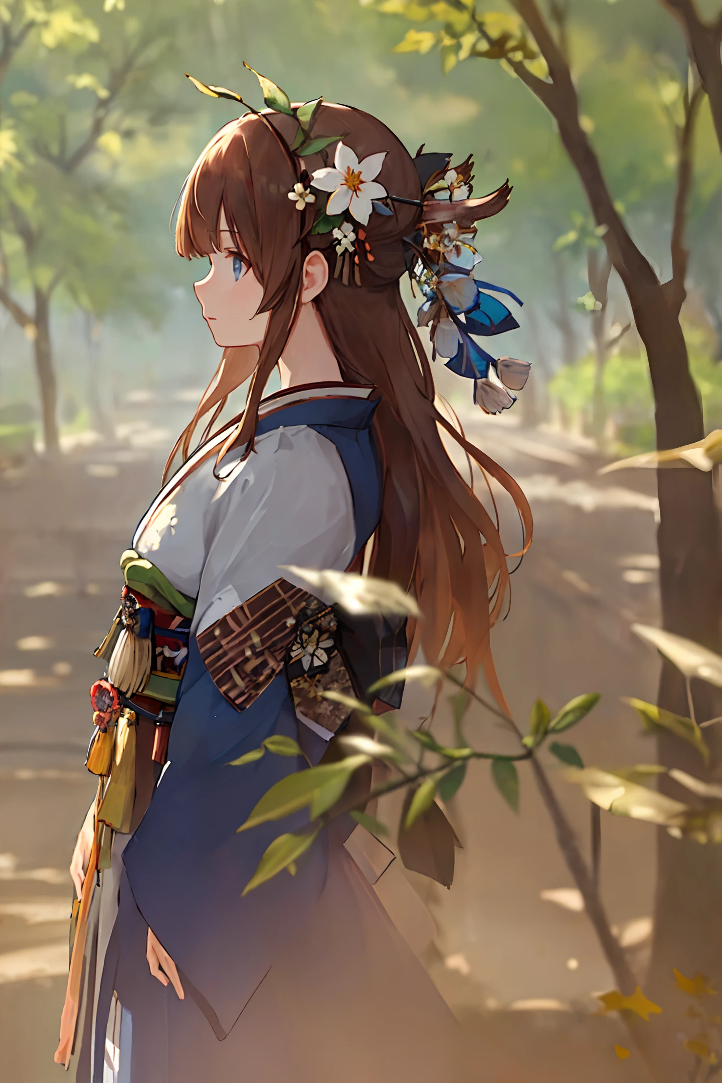 ((masterpiece,best quality)),1girl, bangs, blue eyes, blurred background, tree branches, brown hair, dappled sunlight, flowers, from the side, hair flowers, hair accessories, Japanese clothes, kimono, leaves, (maple leaves: 1.9 ), belt, outdoors, belt, solo, sunlight, upper body