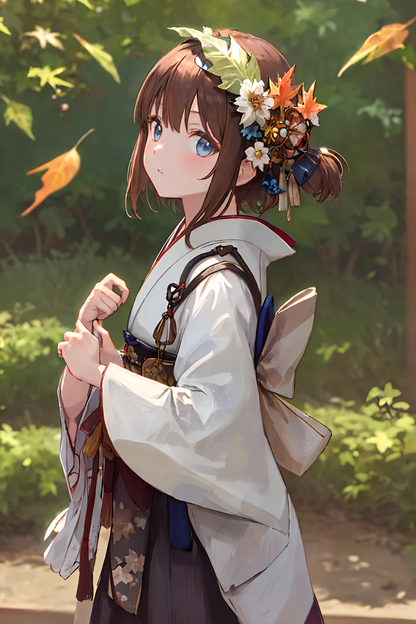 ((masterpiece,best quality)),1girl, bangs, blue eyes, blurred background, tree branches, brown hair, dappled sunlight, flowers, from the side, hair flowers, hair accessories, Japanese clothes, kimono, leaves, (maple leaves: 1.9 ), belt, outdoors, belt, solo, sunlight, upper body