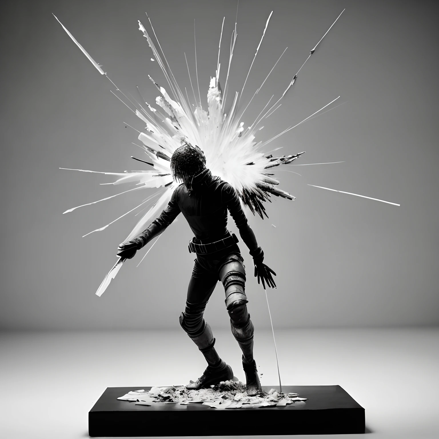 Plaster model (full body: 1.4) A bullet from the lower left hits the head and explodes, a bullet from the upper right hits the waist and explodes, the blasted plaster fragments fly into the air, dramatic movements and exaggerated expressions, grayscale image, line background