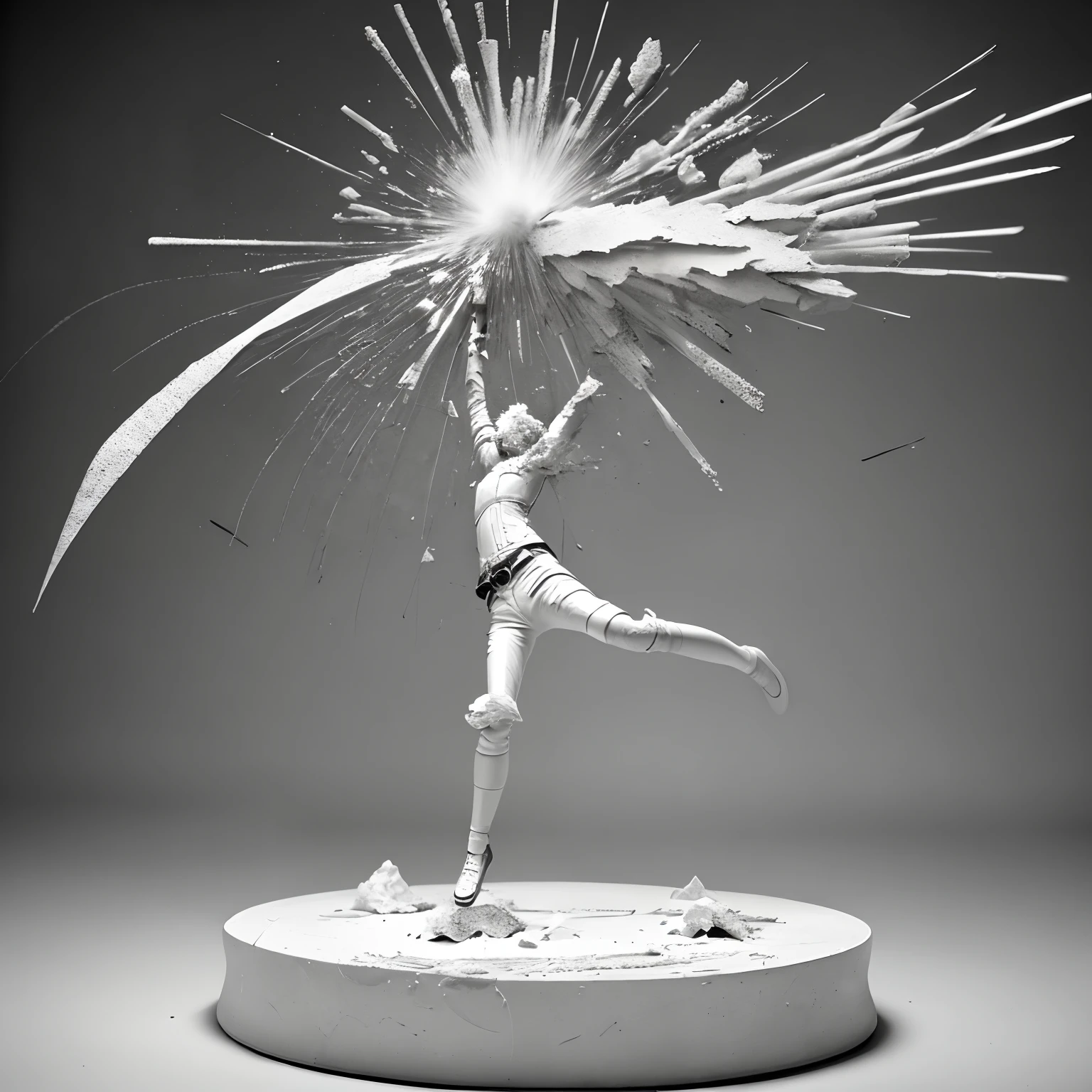 Plaster model (full body: 1.4) A bullet from the lower left hits the head and explodes, a bullet from the upper right hits the waist and explodes, the blasted plaster fragments fly into the air, dramatic movements and exaggerated expressions, grayscale image, line background