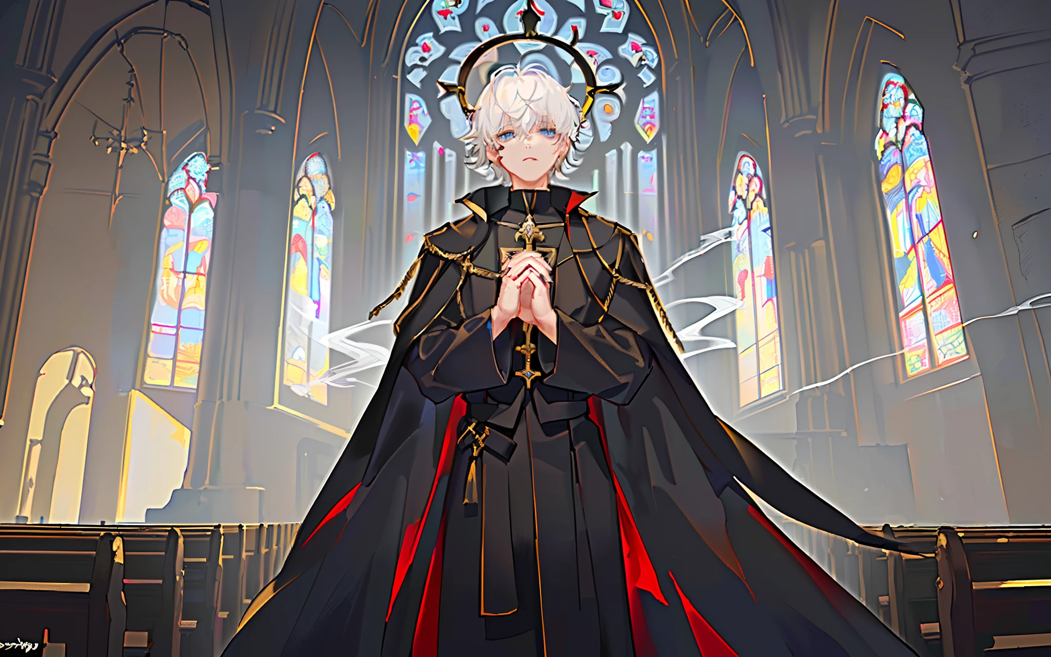 (Extreme, masterpiece), (1boy, solo, black robe with gold pattern, standing, short hair, looking ahead, halo, golden wings, folded hands, white hair, blue eyes, shut up, upper body), (clear sky, smoke , beams of light, gothic church background)